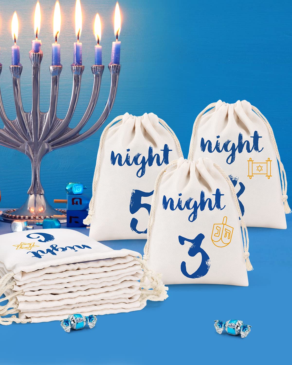 8 Pack Hanukkah Gift Bags - Chanukah Countdown Calendar with Drawstring Burlap Bags for Festival of Lights, Linen Treat Goodie Bags - Perfect for Hanukkah Party Favors, Holiday Celebrations & Jewish Tradition Gifts