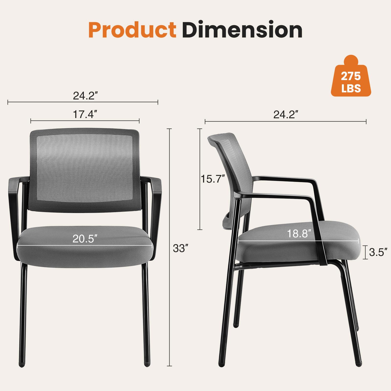 Mesh Back Stacking Arm Chairs - 4 Pack Grey Upholstered Fabric Office Guest Chairs with Ergonomic Lumbar Support & Sturdy Metal Frame | Perfect for Conference Rooms, Reception Areas, and Waiting Lounges