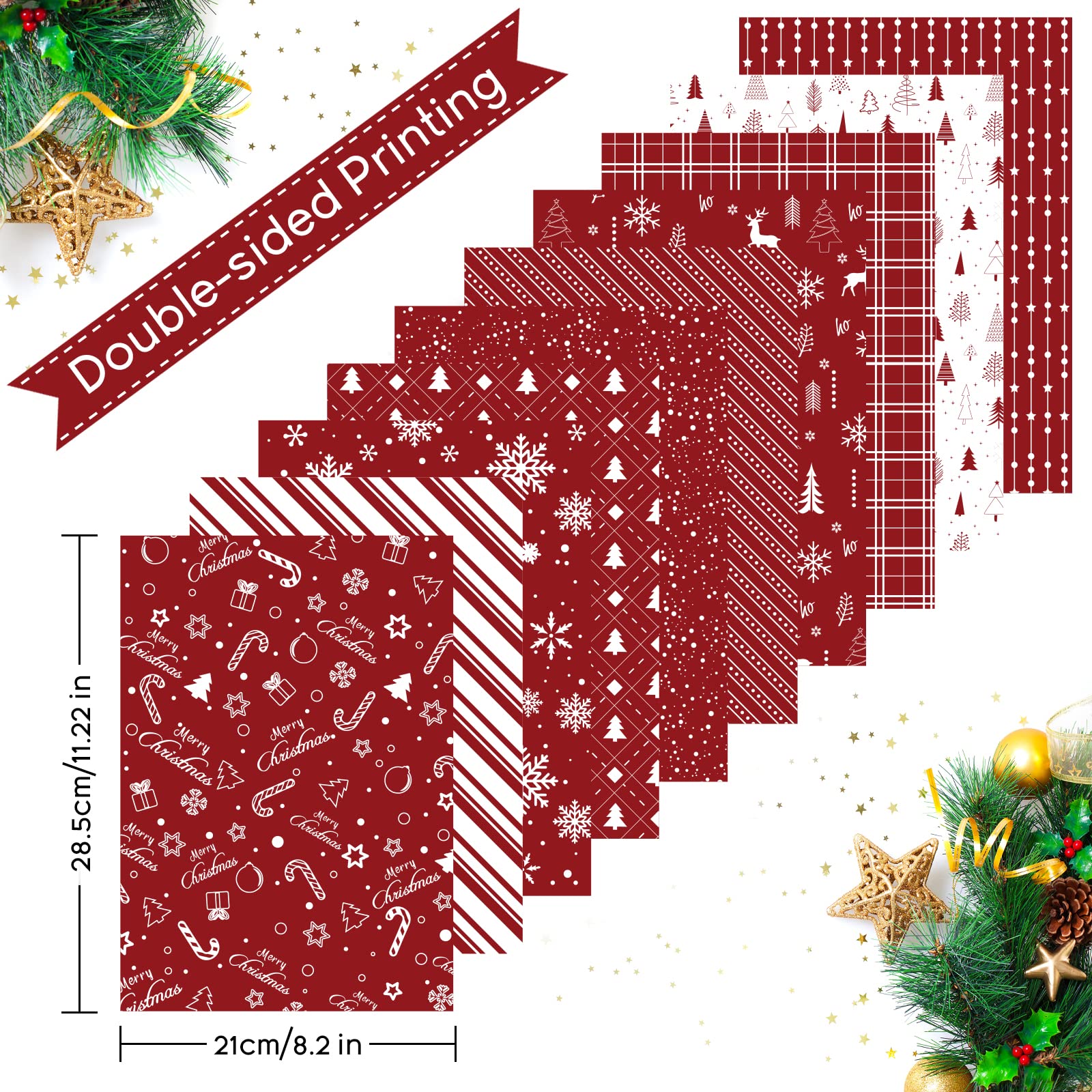45 Sheets Merry Christmas Pattern Paper Set - 10 Festive Designs, Double-Sided A4 Craft Paper for Card Making, Scrapbooking, Gift Wrapping (Red & White) - Perfect for Holiday DIY Projects, Christmas Cards, and Home Decor