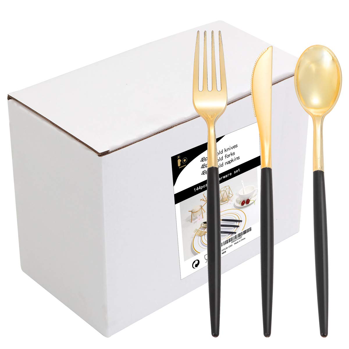 144-Piece Gold Plastic Silverware Set - Disposable Flatware with Black Handle (48 Forks, 48 Knives, 48 Spoons) - Elegant Cutlery for Parties, Weddings, Dinner Events & Home Gatherings