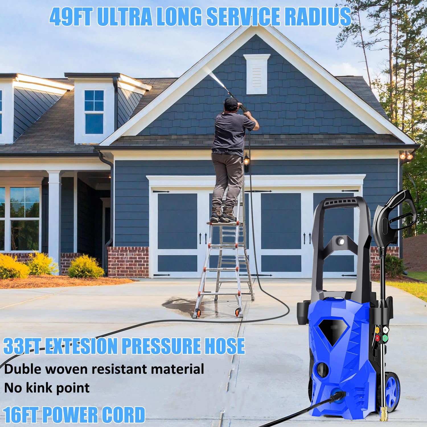 4500 PSI Electric Pressure Washer - Heavy Duty Power Cleaner with 33ft Hose, Soap Dispenser & 4 Nozzles (Blue) - Ideal for Driveway Cleaning, Deck Washing, Patio & Outdoor Surface Maintenance