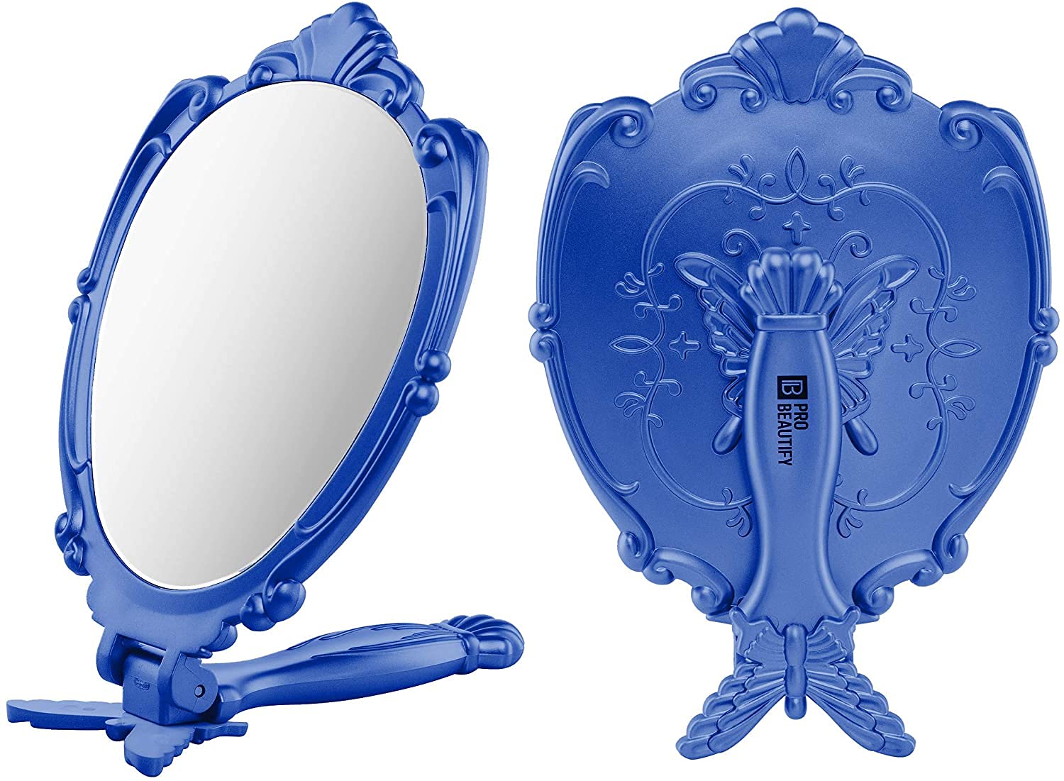Butterfly Design Handheld Mirror with Handle - 180° Folding Portable Makeup Mirror for Travel, Lightweight & Durable - Perfect for Home, Office, and On-the-Go Touch Ups (Blue)