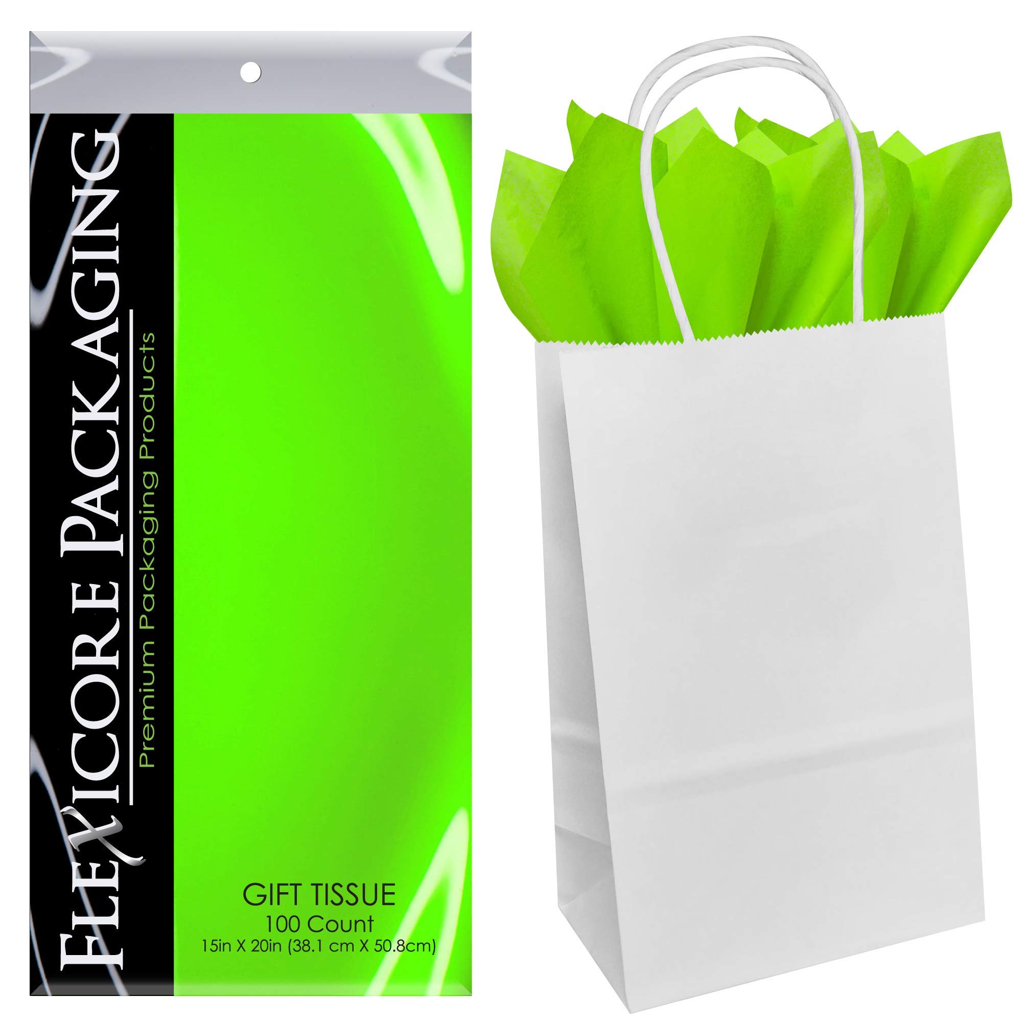 Eco-Friendly White Kraft Paper Gift Bags with Lime Green Tissue Wrap - 5.25
