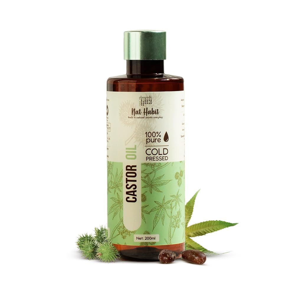 Nat Habit 100% Pure Cold Pressed Castor Oil for Hair Growth & Skin Care - Vitamin E, Omega 6 & 9 Enriched - Chemical Free - 200ml - Perfect for Daily Hair Treatment & Skin Moisturizing