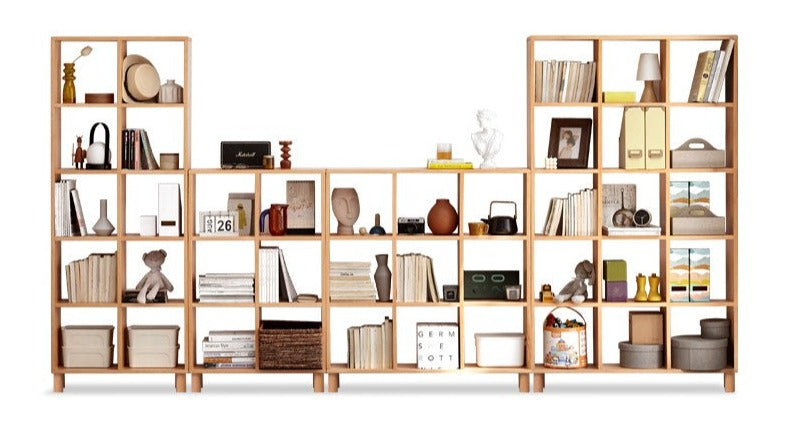 Solid Wood Bookshelf - Beech & Oak Bookcase with Free Combination - Perfect for Home Office, Living Room, and Library Storage
