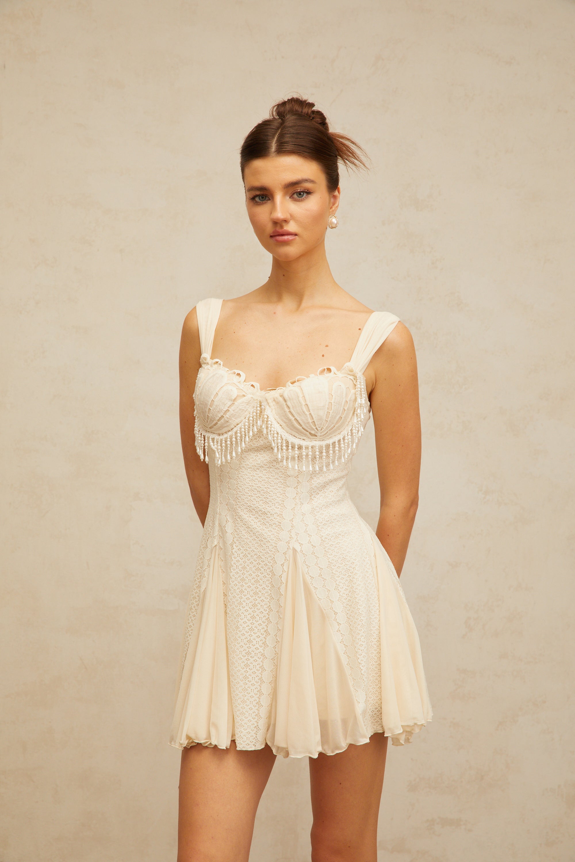 Atalanta Embellished Flared Mini Dress in Cream White - Perfect for Parties, Weddings & Special Occasions