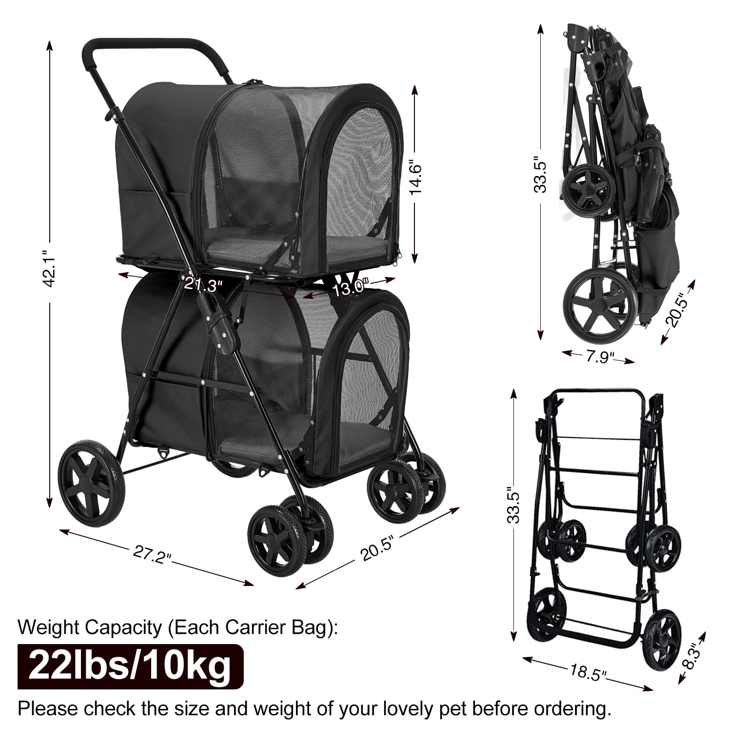 Double Pet Stroller for Dogs & Cats - 2 Detachable Carriers, Quick-Folding Design for Small/Medium Pets, 4-Wheel Black Stroller | Perfect for Park Walks, Vet Visits & Shopping Trips
