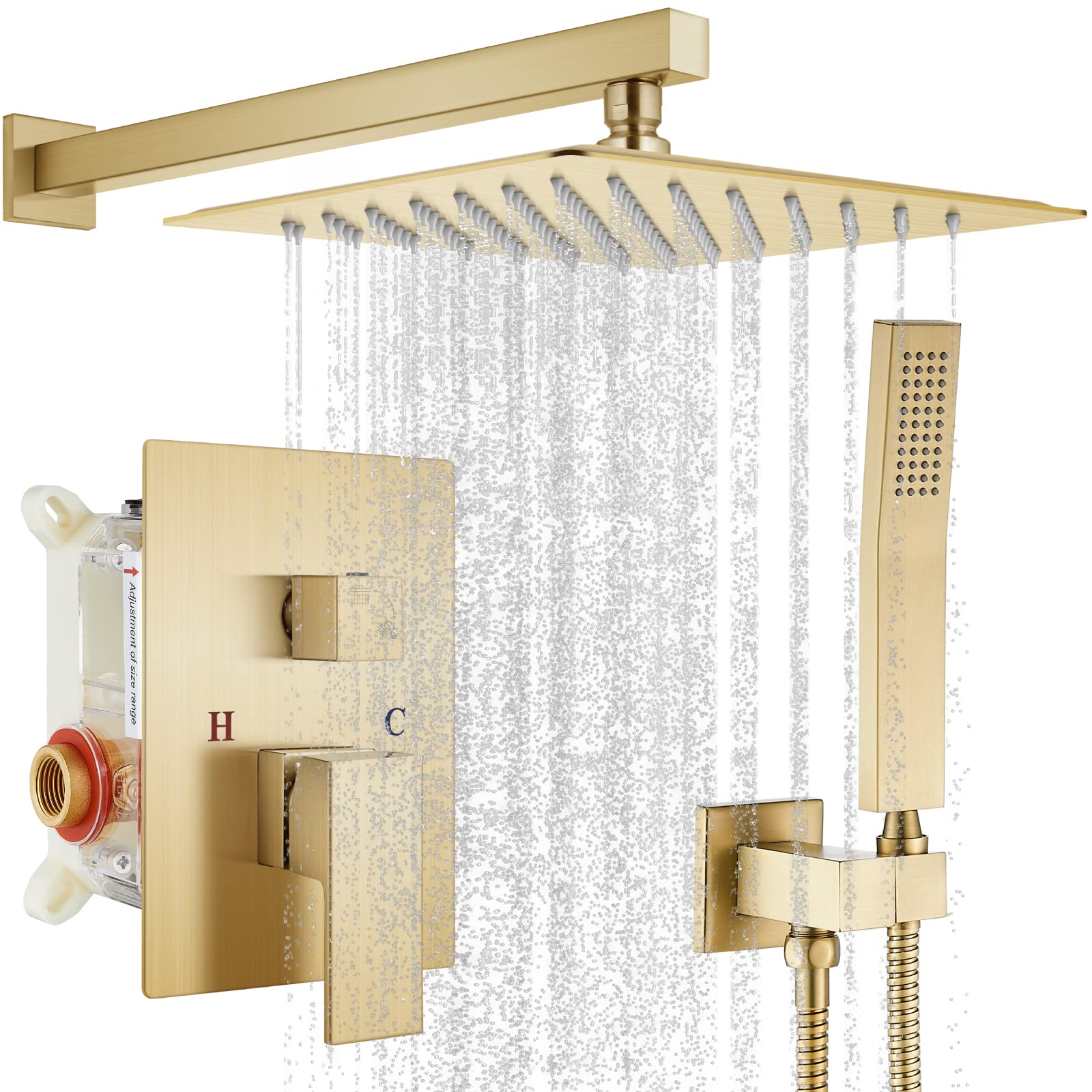Gotonovo Rainfall Shower System - 12 Inch Brushed Gold Wall Mounted Shower Head with Pressure Balancing Mixer Valve - Complete Bathroom Shower Combo for Luxurious Spa Experience at Home