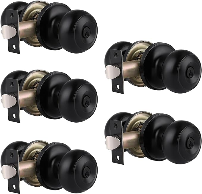 Gobrico 5-Pack Flat Black Ball Door Knobs & Locksets with Unique Keys - Secure Interior & Exterior Doors for Homes, Offices & Apartments