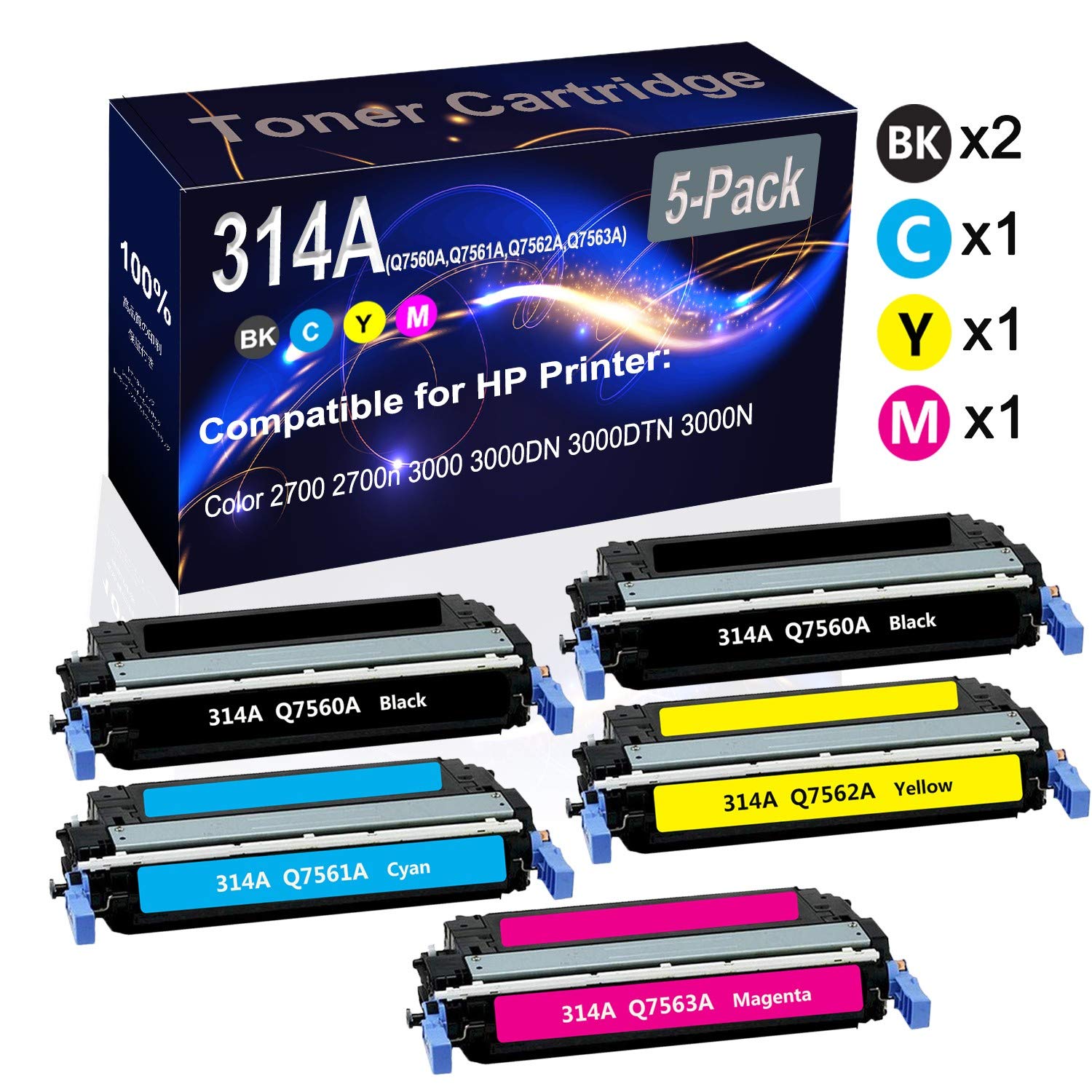 5-Pack (2BK+C+Y+M) High-Capacity Compatible Laser Toner Cartridge for HP 314A (Q7560A Q7561A Q7562A Q7563A) - Replacement for HP LaserJet 2700/2700n/3000/3000DN/3000DTN/3000N Series - Perfect for Office Printing & Bulk Document Production