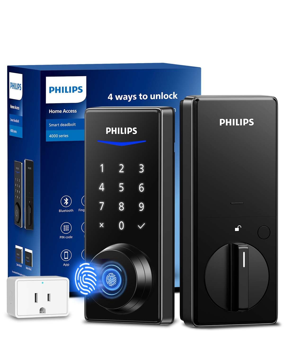 Philips Wi-Fi Smart Door Lock - Keyless Entry with App Control, Fingerprint ID, Auto Lock & Keypad Deadbolt | Includes Wi-Fi Bridge Adapter | Matte Black Smart Lock for Front Door | Perfect for Home Security & Hands-Free Access