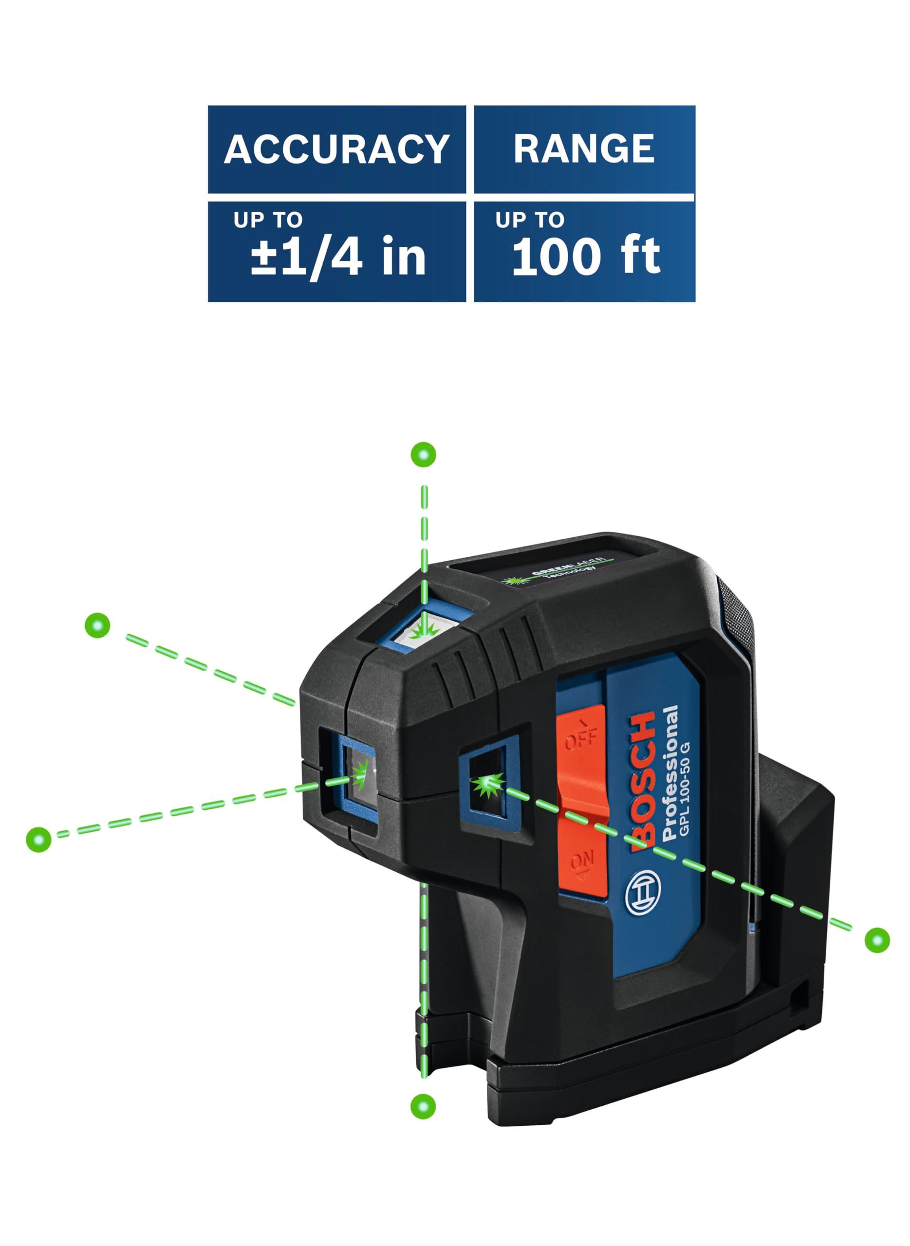 BOSCH GPL100-50G Green-Beam Self-Leveling Alignment Laser Level Kit with 2 AA Batteries, Built-In Multipurpose Mount & Hard Carrying Case - Perfect for Construction, Renovation, and DIY Projects