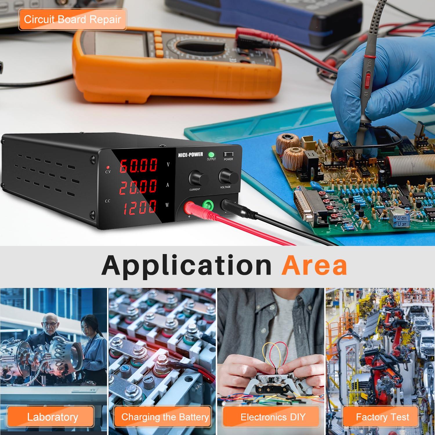 NICE-POWER 60V 20A 1200W Adjustable DC Power Supply with Encoder Knob & Output Switch - High Precision Variable Bench Power Supply for Electronics Repair, Lab Testing, and DIY Projects