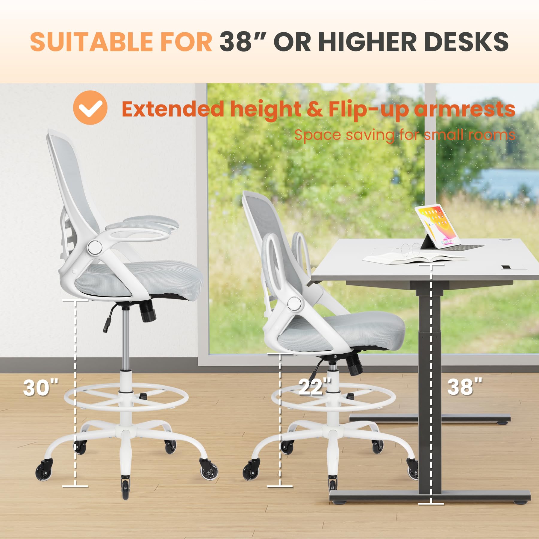 HYLONE Adjustable Drafting Chair - Ergonomic Tall Office Stool for Standing Desks, Big & Tall Drafting Chair in White - Perfect for Architects, Designers & Home Office Workspaces