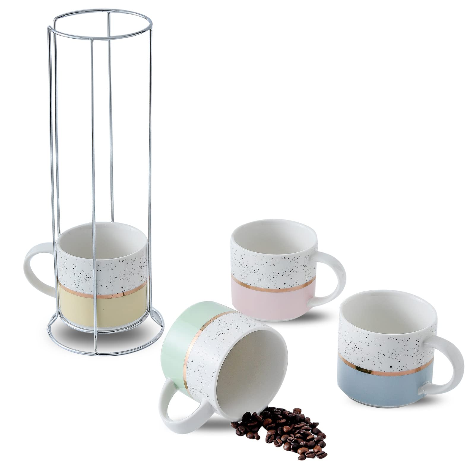 Premium Ceramic Stackable Coffee Mugs Set of 4 - 15oz Insulated Cups with Metal Stand & Comfortable Handles - Ideal for Home, Office & Gifts - Perfect for Coffee, Tea & Hot Beverages