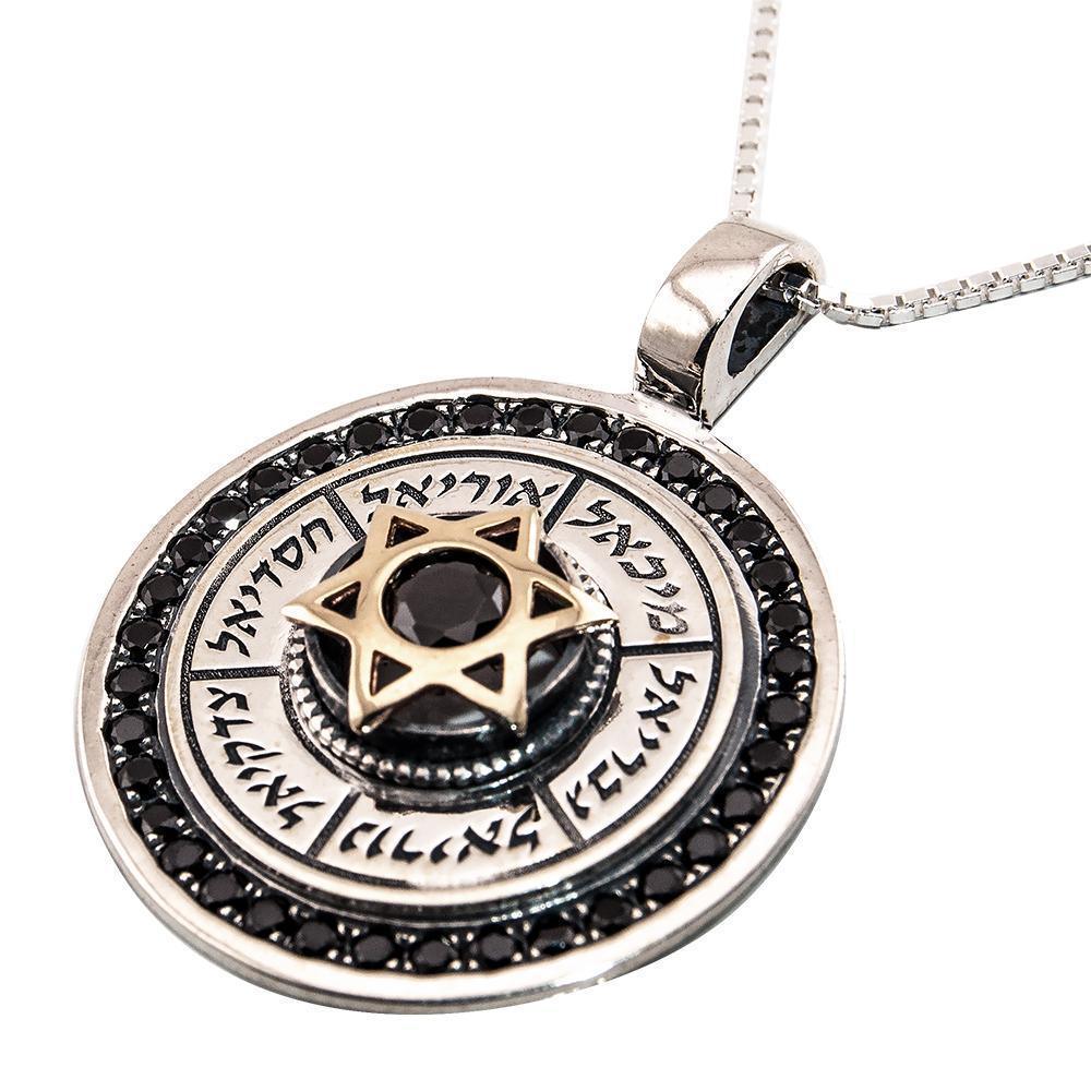 925 Sterling Silver & 9K Gold Round Pendant with Magen David, Angel Names & Black Onyx Stones - Elegant Jewish Jewelry for Daily Wear, Gift Giving & Special Occasions