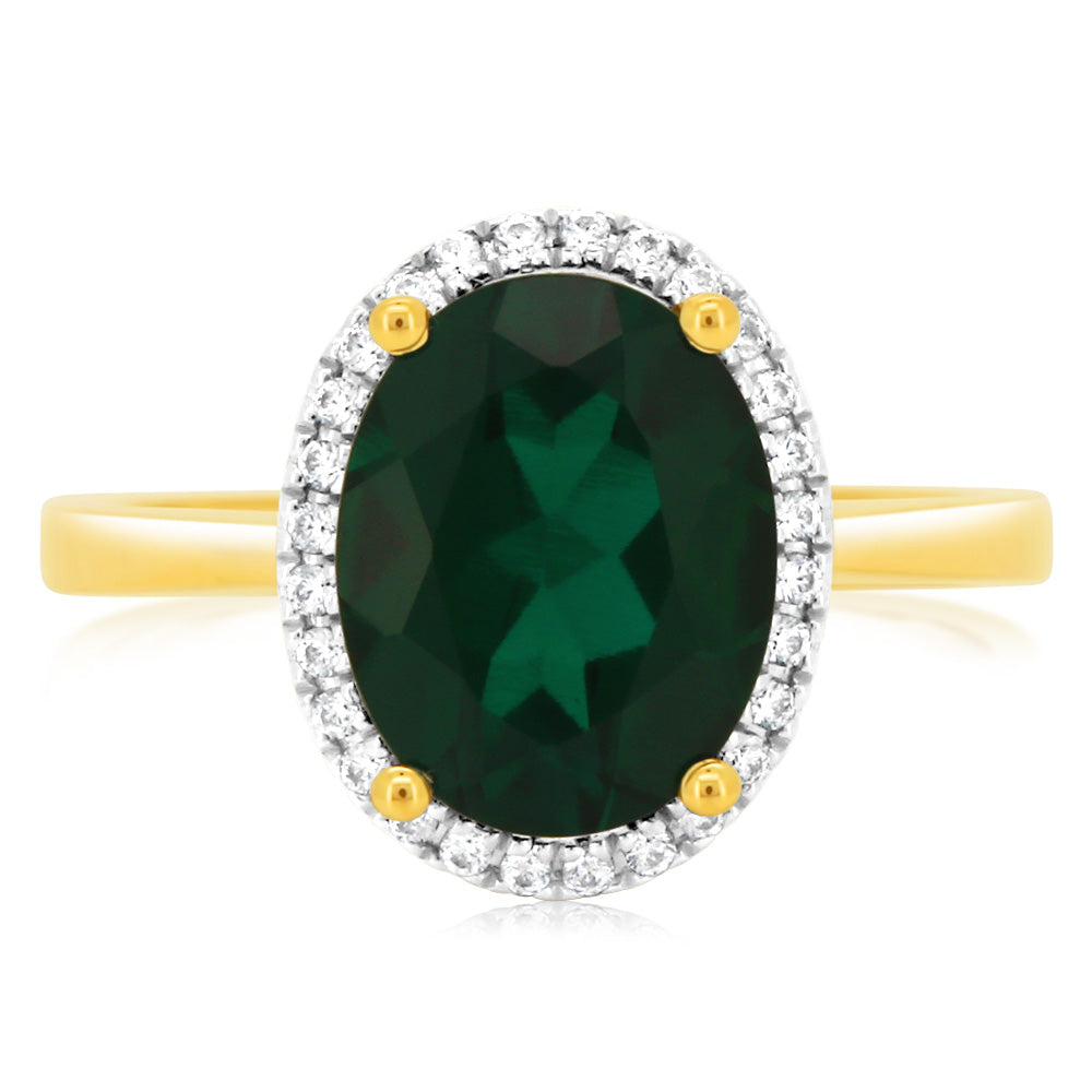 9ct Yellow Gold 2.9 Carat Lab-Created Emerald & 28 Cubic Zirconia Ring for Women - Elegant Wedding, Engagement & Anniversary Jewelry Gift