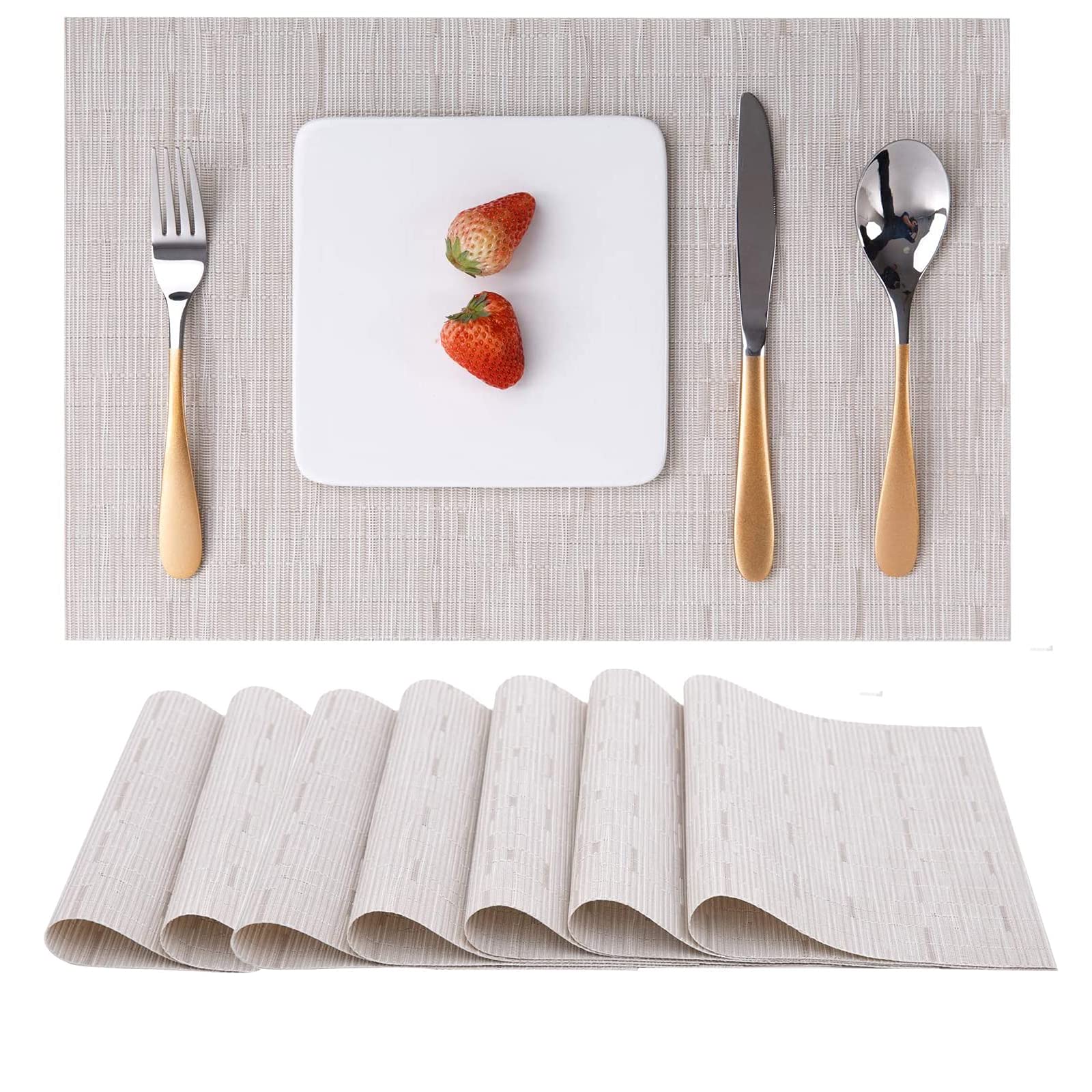 Myir JUN Set of 8 Washable Non-Slip Heatproof Woven Placemats - PVC Fabric Dining Table Mats for Indoor Use (White) | Perfect for Everyday Meals, Dinner Parties & Home Decor