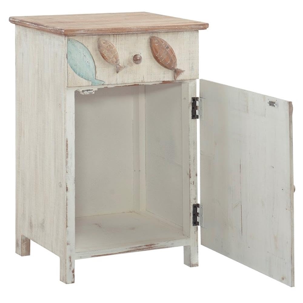Powell Furniture Linon Hays Fish Wood Storage Side End Table - Distressed White Finish - Perfect for Living Room, Bedroom & Office Decor