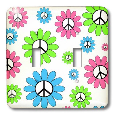 3D Rose Girly Pink Lime Blue Peace Sign Flowers Light Switch Cover - Decorative Wall Plate for Bedroom, Kids Room, Nursery & Home Decor