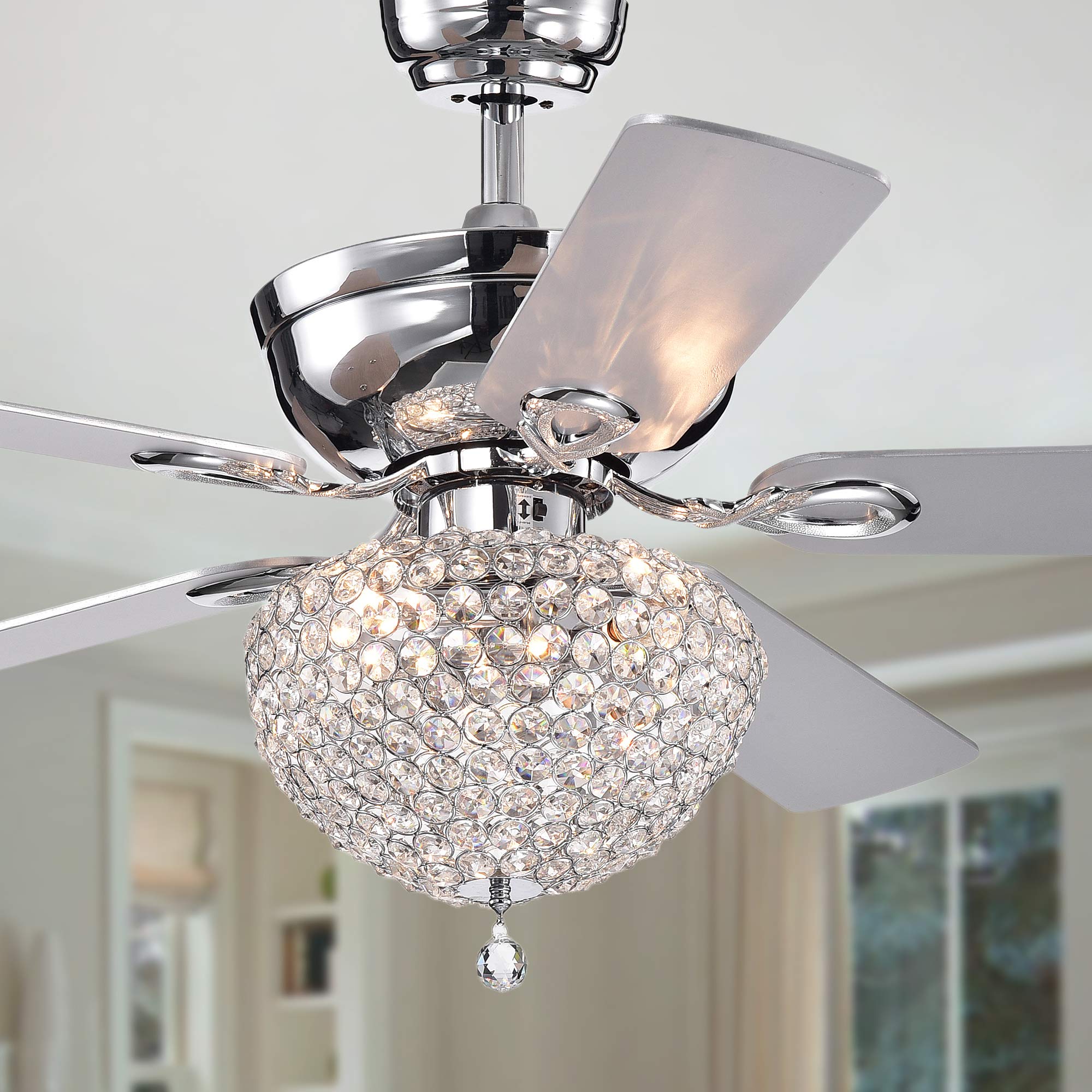 Tiffany CFL-8176REMO/CHA Swarna Chrome 5-Blade 52-inch Crystal Bowl Chandelier Ceiling Fan with Remote Control - Perfect for Living Room, Bedroom, and Dining Room Lighting