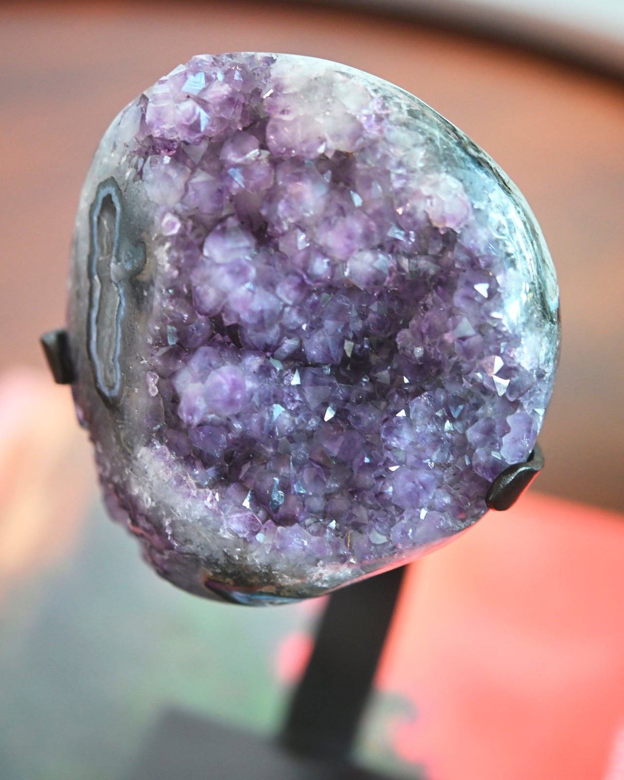 Natural Banded Agate & Amethyst Crystal Geode on Wooden Stand - 2.6 lbs Healing Stone for Home Decor, Meditation & Spiritual Gifts