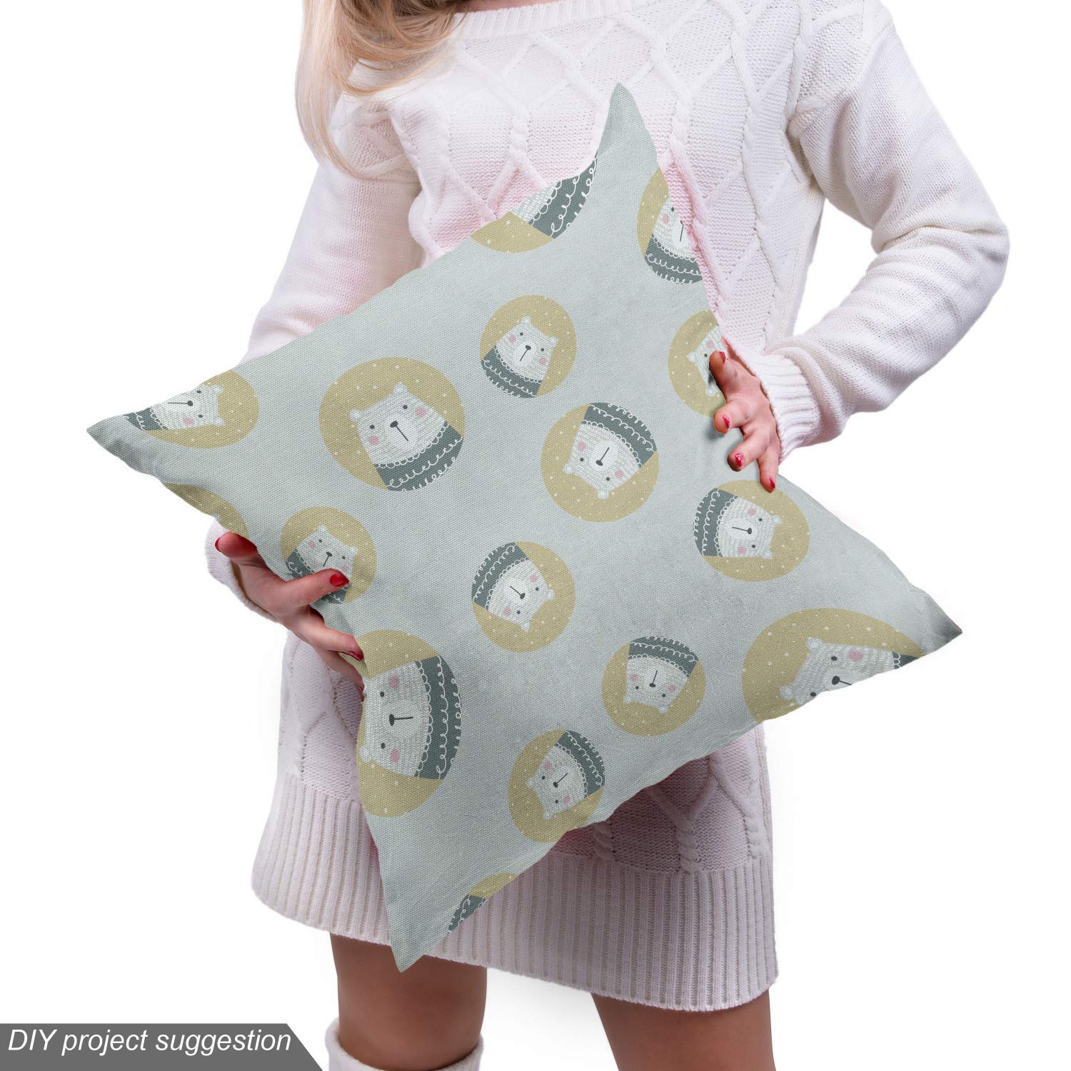 Ambesonne Scandinavian Fabric by The Yard - Polar Bear in Winter Sweater Finnish Animal Design on Pale Backdrop - Decorative Upholstery Fabric for Sofa, Curtains & Home Decor - 10 Yards Pale Blue-Grey Khaki - Perfect for Nordic Living Room & Cozy Winter Decor