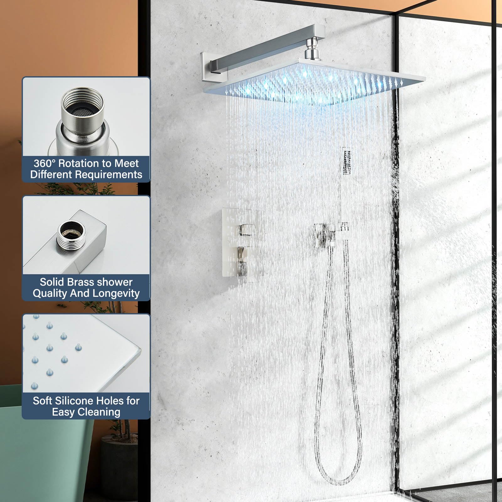 12 Inch Brushed Nickel LED Rainfall Shower Head with Handheld Combo - Brass Rain Shower Mixer Set with Rough-in Valve Body & Trim - Perfect for Modern Bathroom Renovation and Spa-like Shower Experience