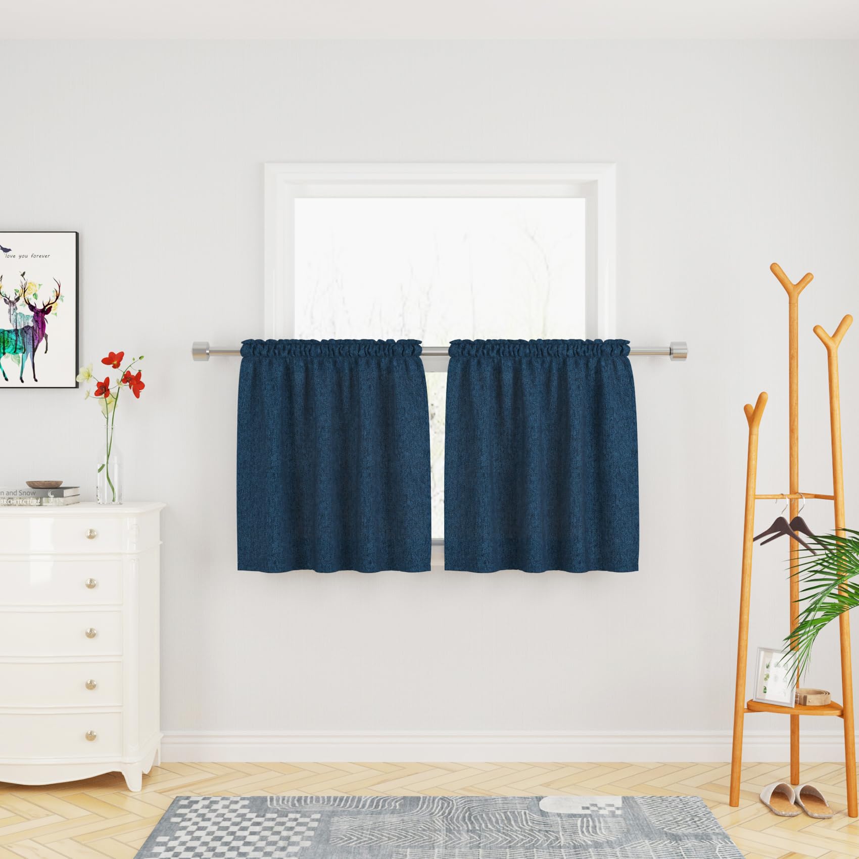 UPOPO 30 Inch Short Curtains for Kitchen Sink - Linen Textured Half Window Curtains with Rod Pocket, Navy Blue, Set of 2 - Perfect for Cafe, Caravan, Bathroom, Basement & Small Windows