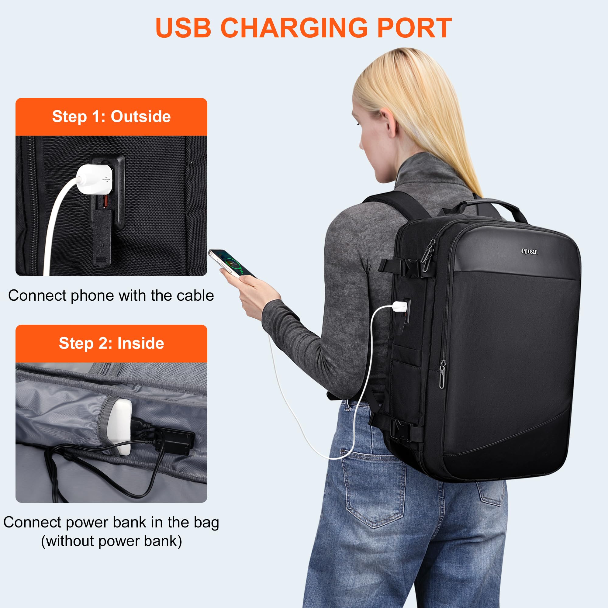 PIJUSHI Large Flight Approved Carry-On Travel Backpack for Women & Men with USB Charging Port - Fits 16 Inch Laptop (PE035 Black) - Perfect for Air Travel, Business Trips & Daily Commute