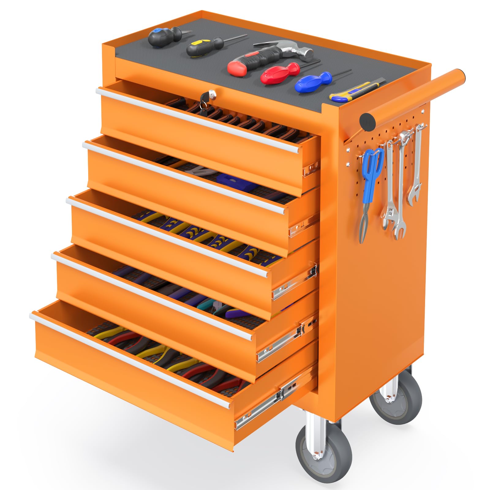 5-Drawer Rolling Tool Chest - Heavy Duty Metal Tool Storage Organizer Cart with Locking System & 4 Swivel Wheels | Multifunctional Mechanic Tool Cart for Garage, Workshop, Auto Repair | Durable Orange Tool Chest for Professional Mechanics & DIY Enthusiasts | Perfect for Organizing Wrenches, Screwdrivers & Power Tools