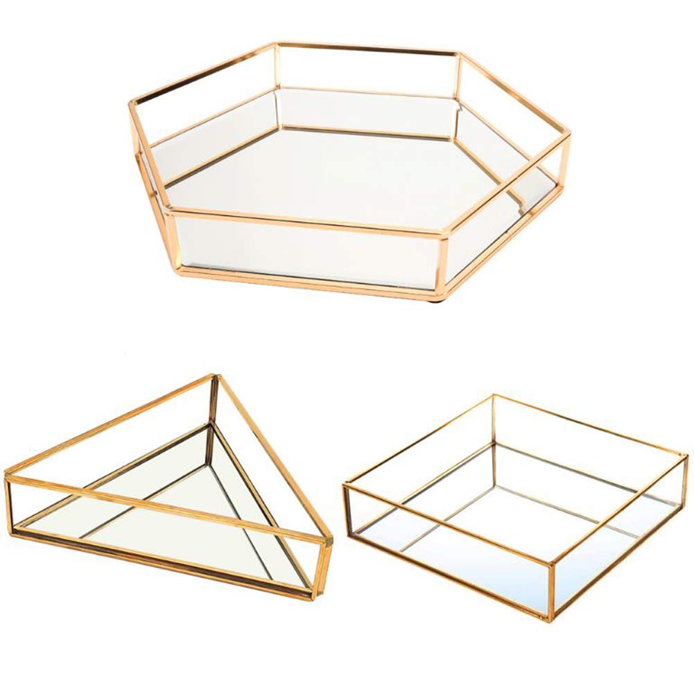 Hexagon Mirror Jewelry & Perfume Tray - Elegant Metal Vanity Tray for Dresser, Jewelry Organizer & Perfume Display - Perfect for Bedroom, Bathroom & Travel Accessories Storage