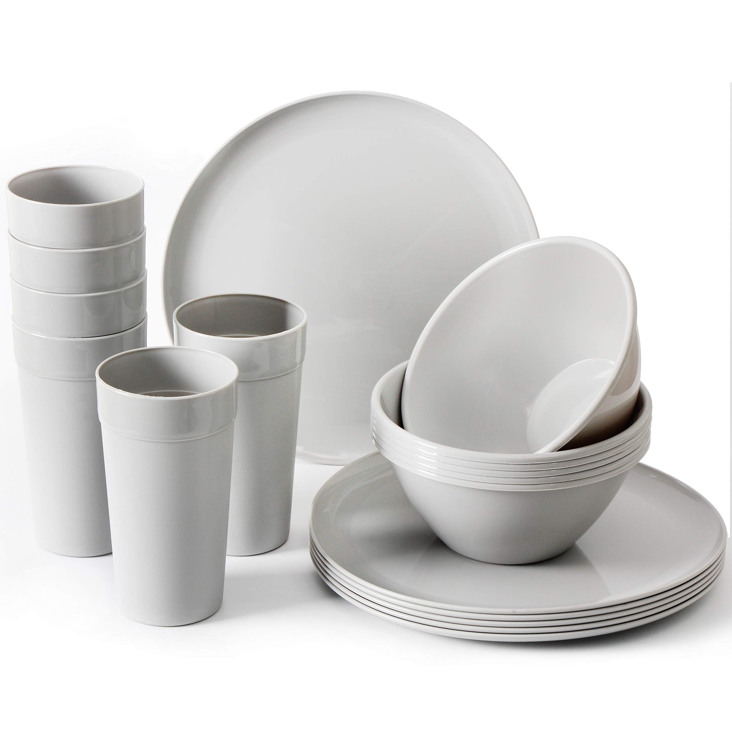Youngever 18-Piece Plastic Dinnerware Set for Kitchen - 6 Plates, 6 Bowls, 6 Cups - Durable & Lightweight BPA-Free Tableware (Grey) - Perfect for Outdoor Picnics, Camping, and Everyday Family Meals