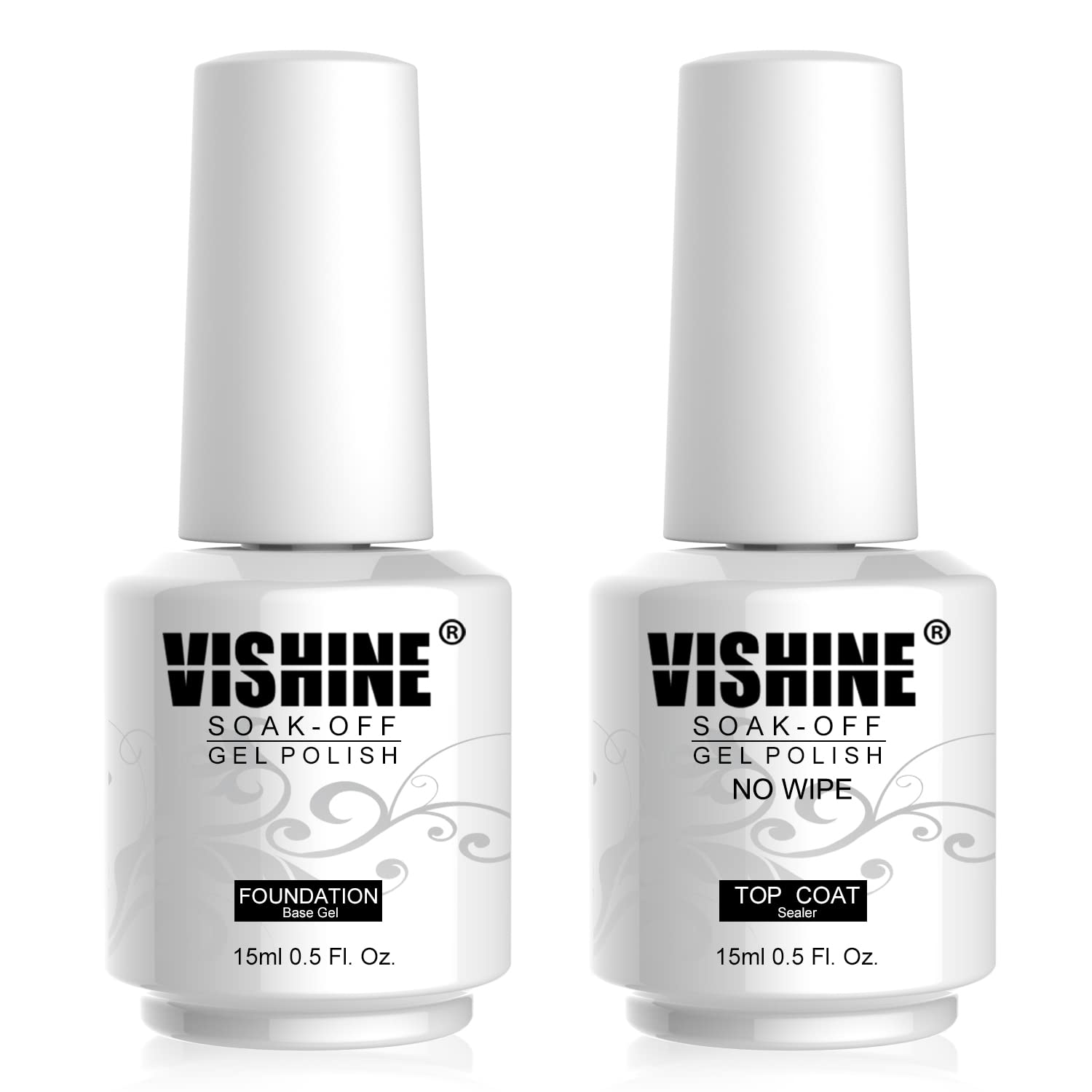 Vishine Long Lasting Soak Off UV LED Gel Nail Polish Set - Base Coat & High Gloss Top Coat for DIY Manicure & Nail Salon, 2Pcs 15ml | Perfect for Home Nail Art, Professional Salon Use & Gift Giving