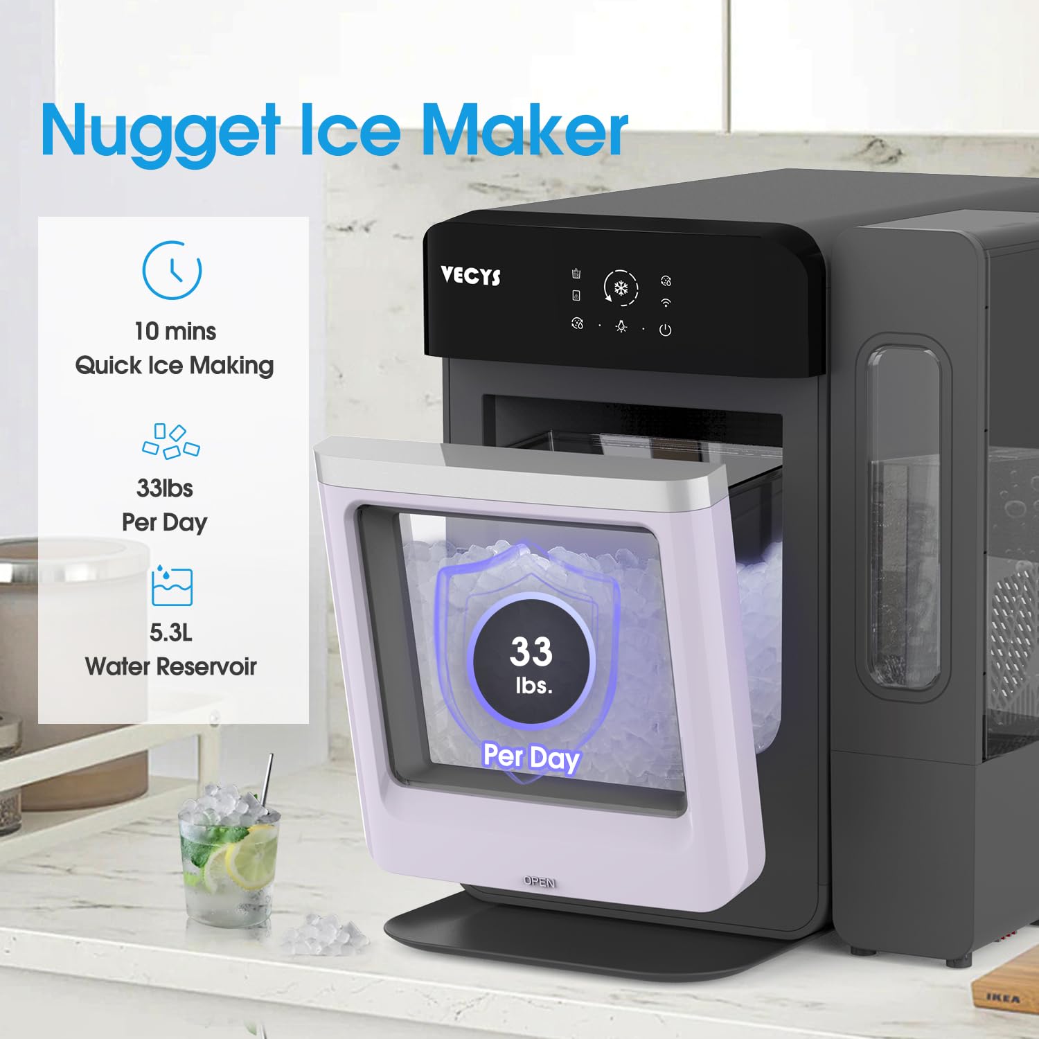 VECYS 33LBS/Day Countertop Nugget Ice Maker - Self-Cleaning Portable Pellet Ice Machine with Stainless Steel Trim & 3.8L Side Water Tank - Chewable Sonic Ice for Home, Office, Bar, Cocktails, and Beverages