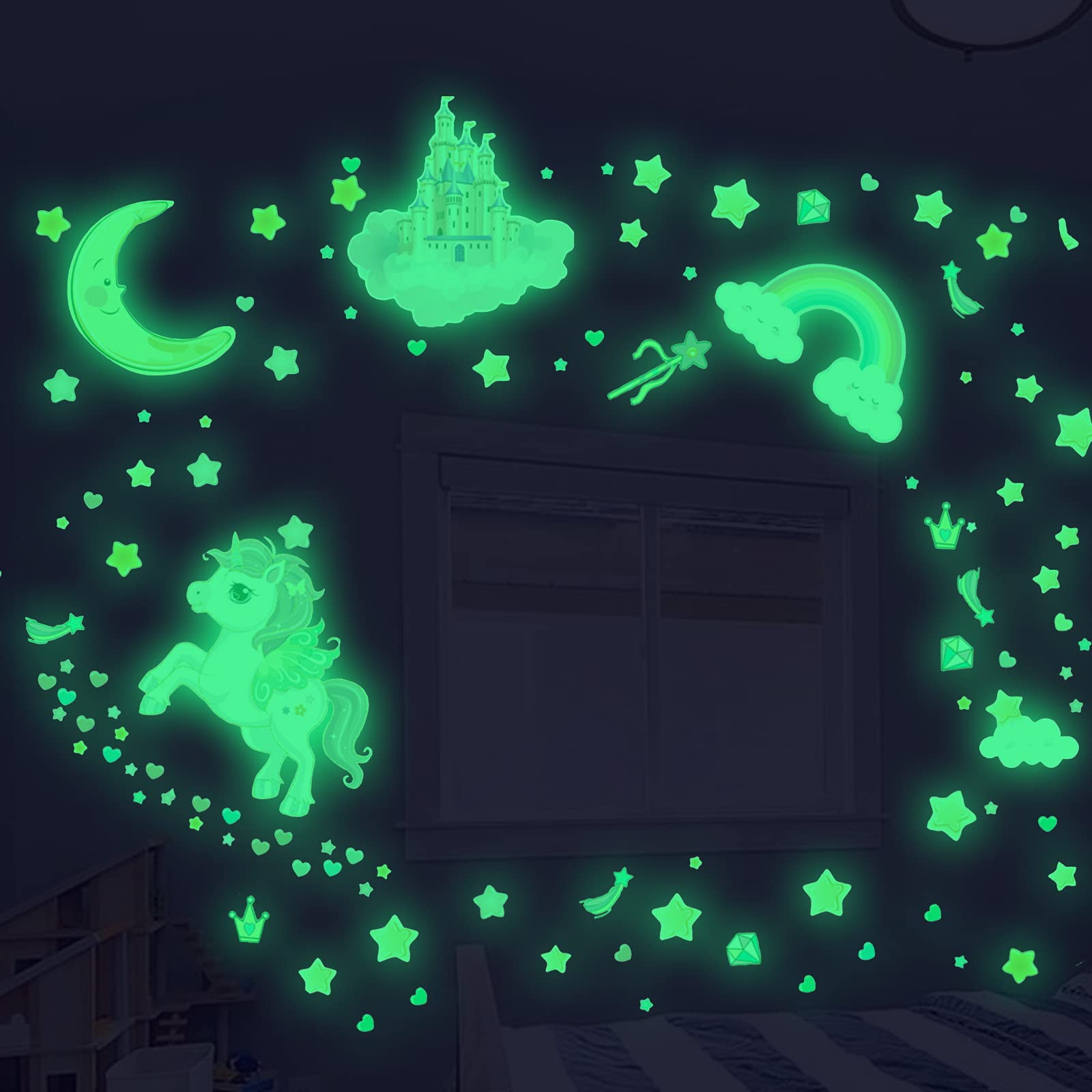 Glow in The Dark Stars and Unicorn Wall Decals - 174 pcs Luminous Ceiling Stickers for Kids Bedroom Decor - Glowing Castle, Moon & Rainbow Wall Art - Perfect Gift for Girls & Boys - Create a Magical Nighttime Wonderland