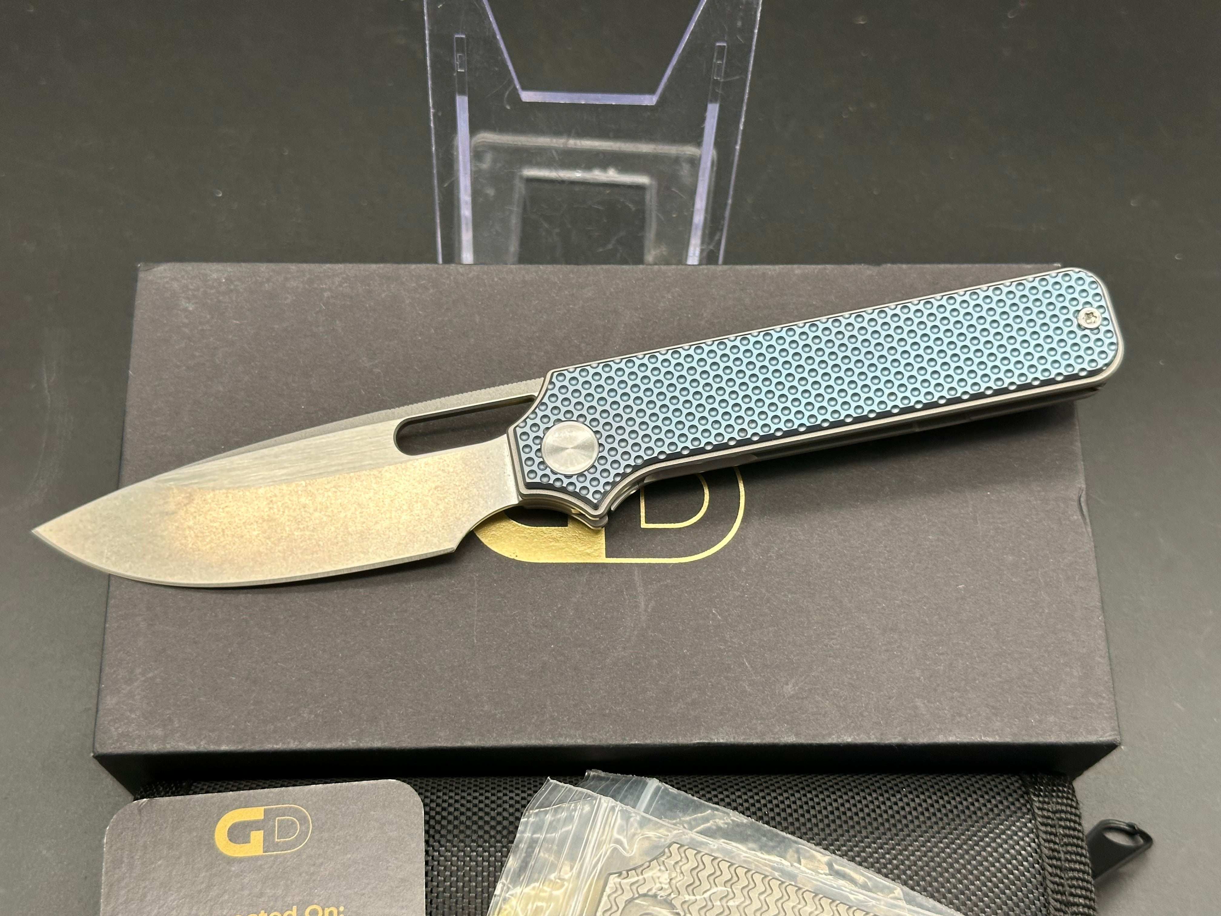 Premium M390 Steel Folding Knife with Blue Dimple Titanium Handle - EDC Pocket Knife for Outdoor, Camping & Everyday Carry