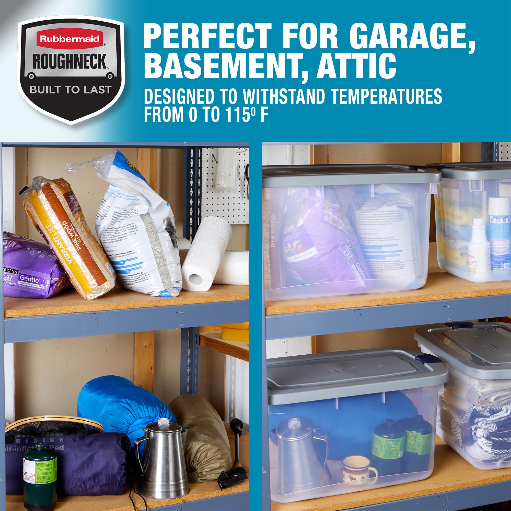 Rubbermaid Roughneck Clear 66 Qt (16.5 Gal) Storage Containers with Latching Grey Lids - 4 Pack, Durable Stackable Bins with Visible Base for Home Organization, Garage, Closet & Office Storage