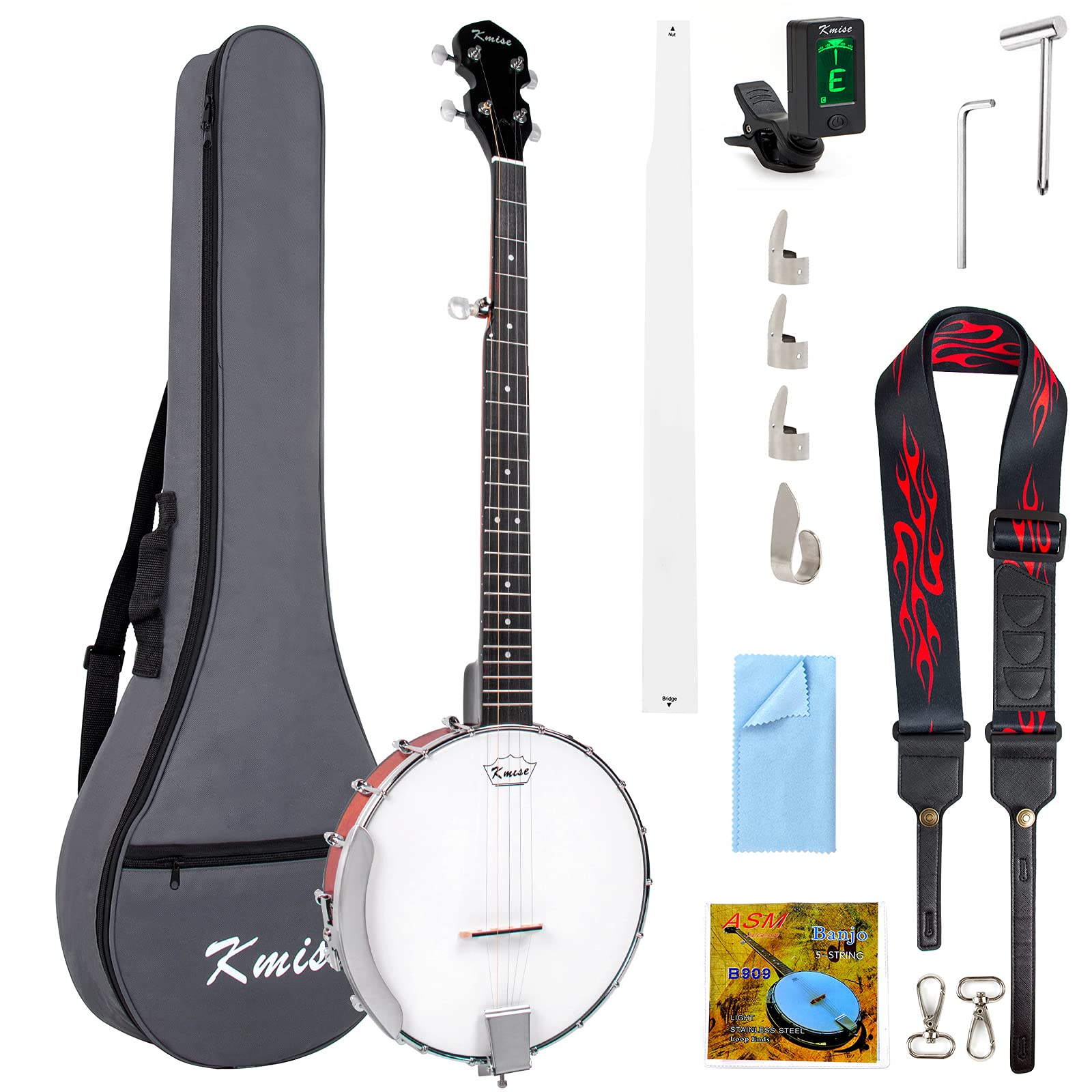 Kmise 5-String Banjo with 24 Brackets, Open Solid Back, Geared 5th Tuner & Arm Rest – Includes Gig Bag, Tuner, Strings, Strap, Picks & Wrench – Perfect for Beginners, Bluegrass & Live Performances