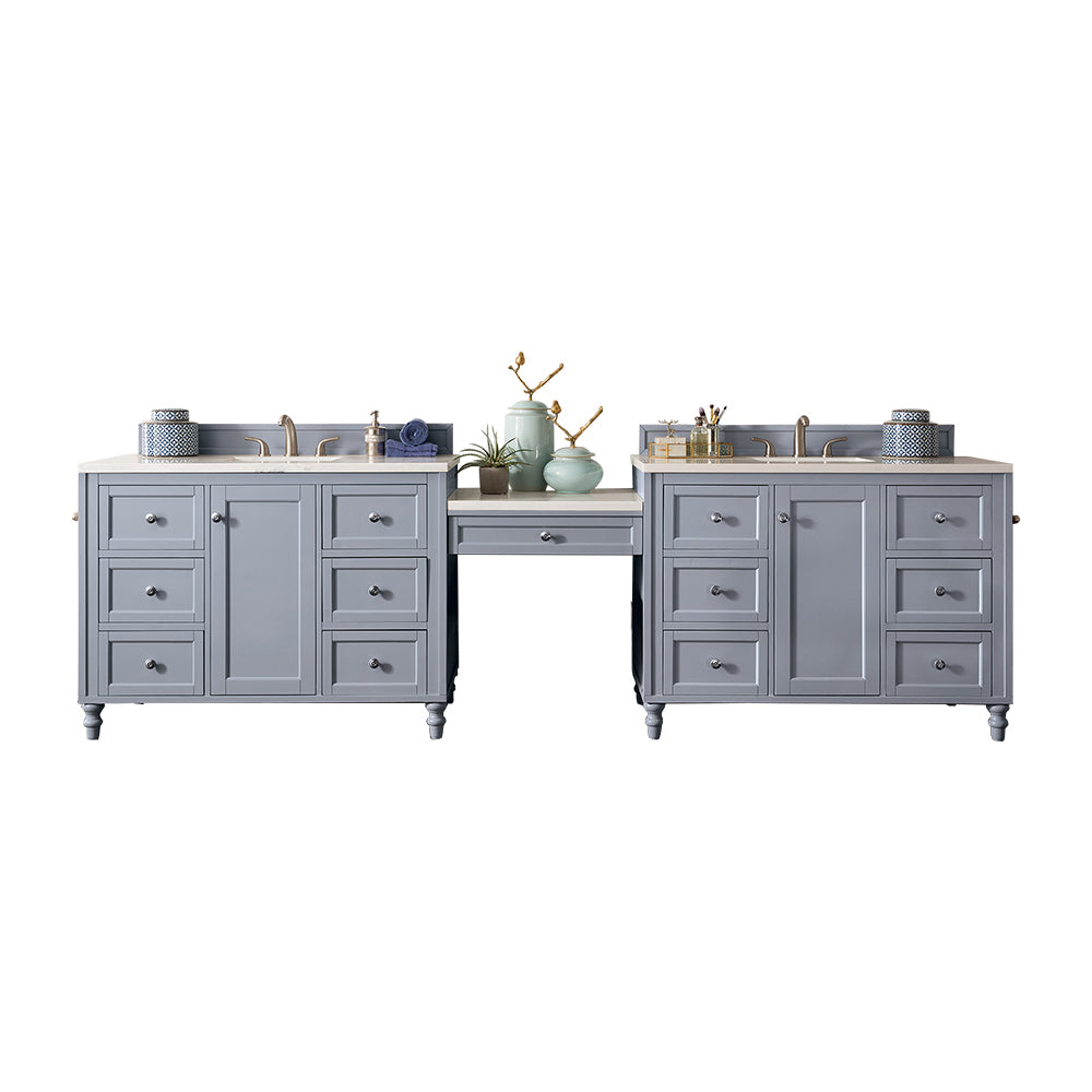 Copper Cove Encore 122 Double Vanity Set with Makeup Table - Silver Gray Finish & 3CM White Zeus Quartz Countertop | Bathroom Vanity for Master Suite, Guest Bath & Luxury Home Remodel