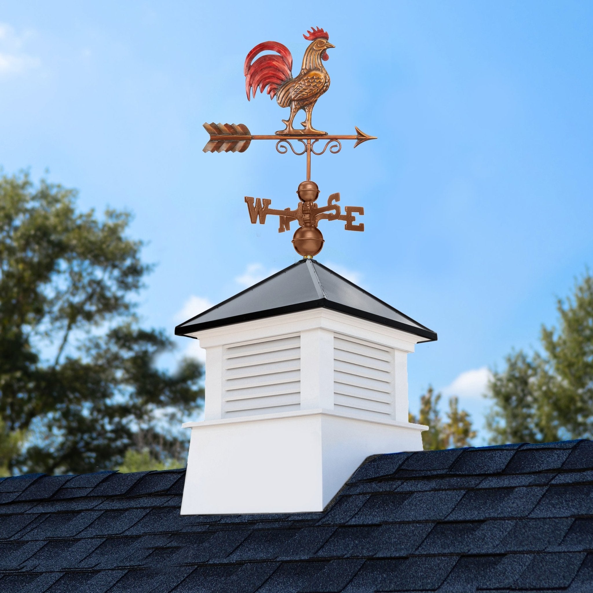 18 Square Manchester Vinyl Cupola with Black Aluminum Roof & Copper Bantam Red Rooster Weathervane - Perfect for Barn, Shed, or Garage Roof Decoration