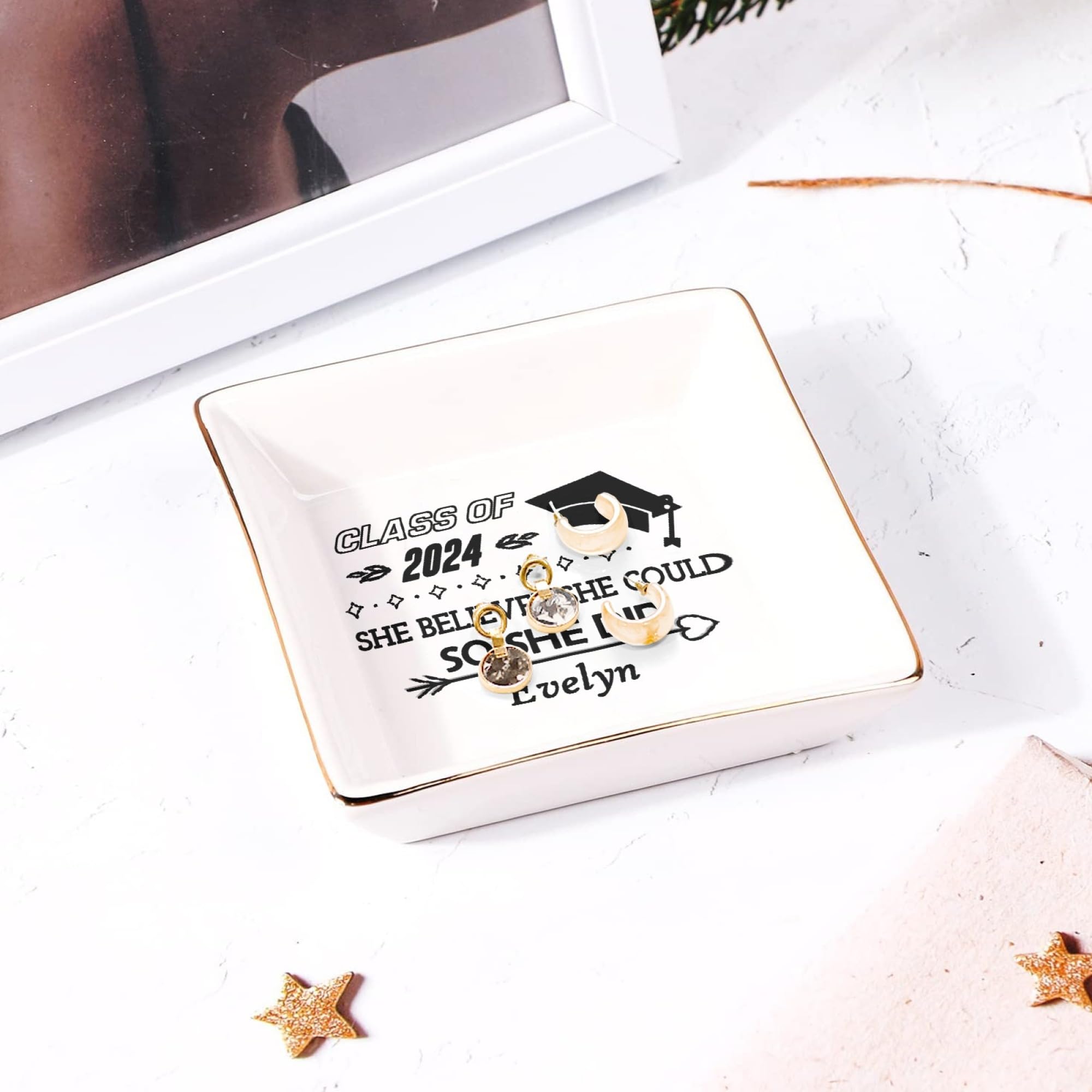 Personalized Graduation Gift for Women - Custom Engraved Ceramic Ring Dish with Inspirational Quote - Class of 2024 High School & College Graduation Present - Jewelry Tray for Dorm Room, Vanity or Wedding Gift