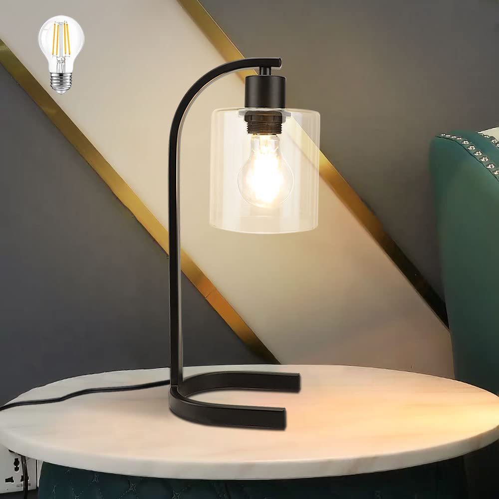 DINGLILIGHTING DLLT Industrial Small Table Lamp - Black Metal Nightstand Lamp with Glass Shade, 4W Bulb Included - Perfect Reading Desk Lamp for Bedroom, Living Room, Office & Dorm | Study, Work & Relaxation Lighting Solution