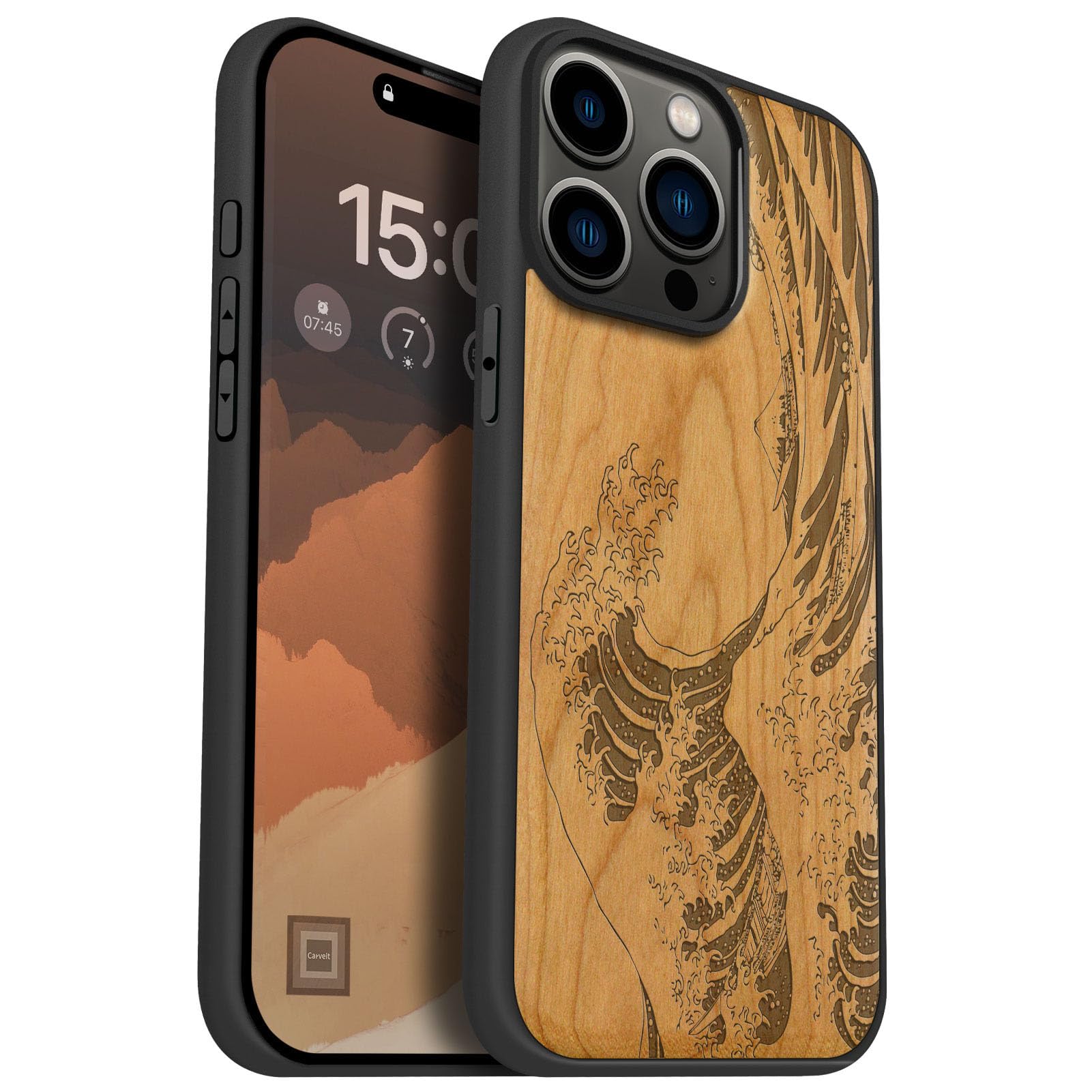 Premium Magnetic Wooden Case for iPhone 15 Pro Max - Solid Cherry Wood & Shockproof TPU Bumper - Magsafe Compatible Wood Phone Cover with Great Wave Off Kanagawa Design - Perfect for Outdoor Adventures & Daily Protection