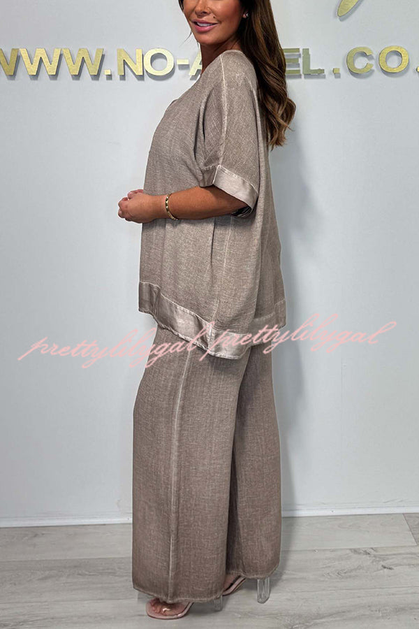 Stylish Women's V-Neck Short Sleeve Loose Top with Elastic Waist Wide Leg Pants Set - Casual Summer Outfit for Beach, Travel & Daily Wear