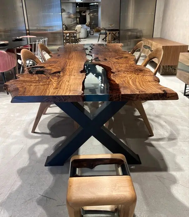 Handcrafted Live Edge Epoxy Resin River Dining Table - Solid Chestnut Wood - Perfect for Modern Farmhouse, Rustic & Contemporary Dining Rooms