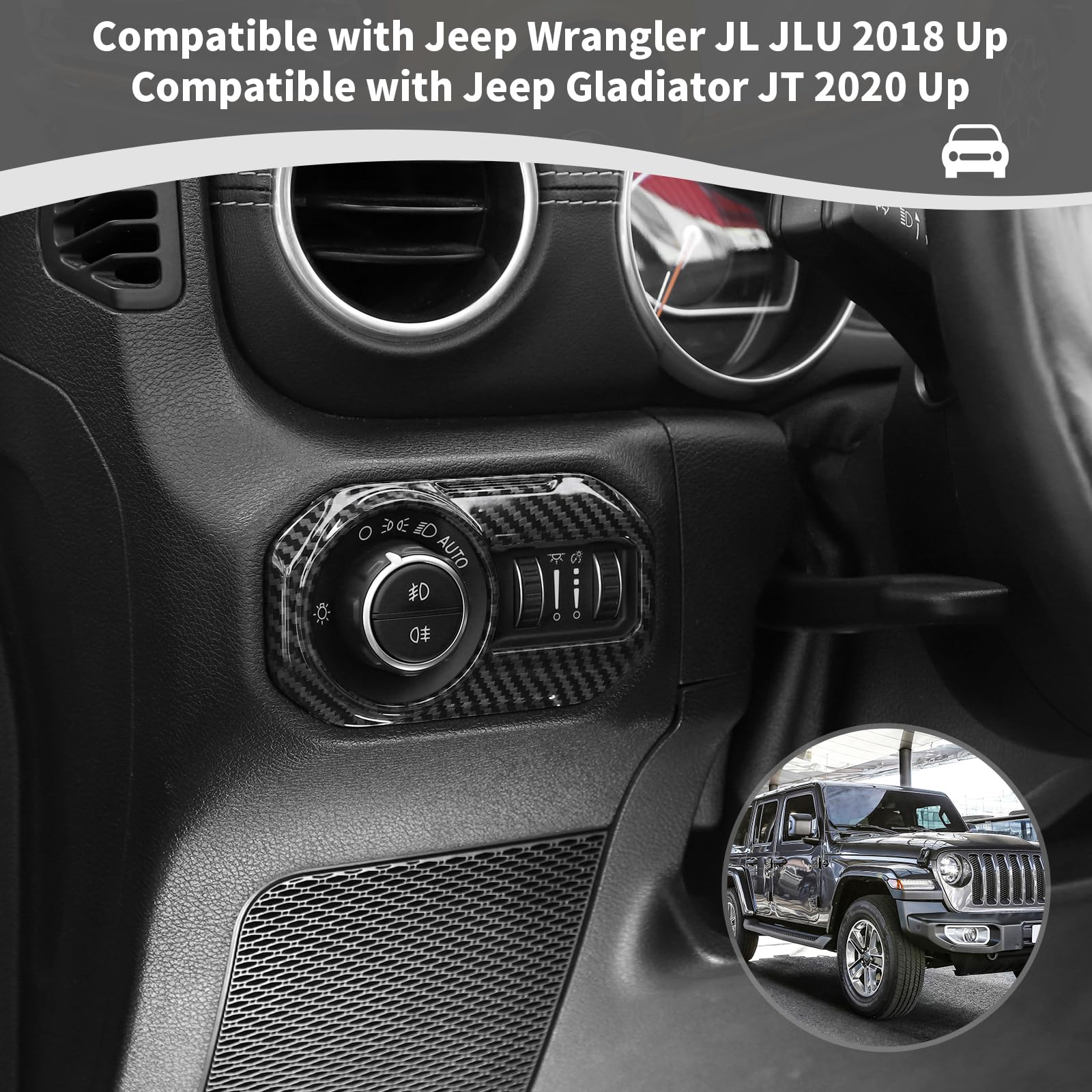 Jeep Wrangler JL & Gladiator JT Carbon Fiber Headlight Switch Panel Trim Cover (2018-2023) - Black Carbon Fiber Grain Interior Accessories for Off-Road & Daily Driving