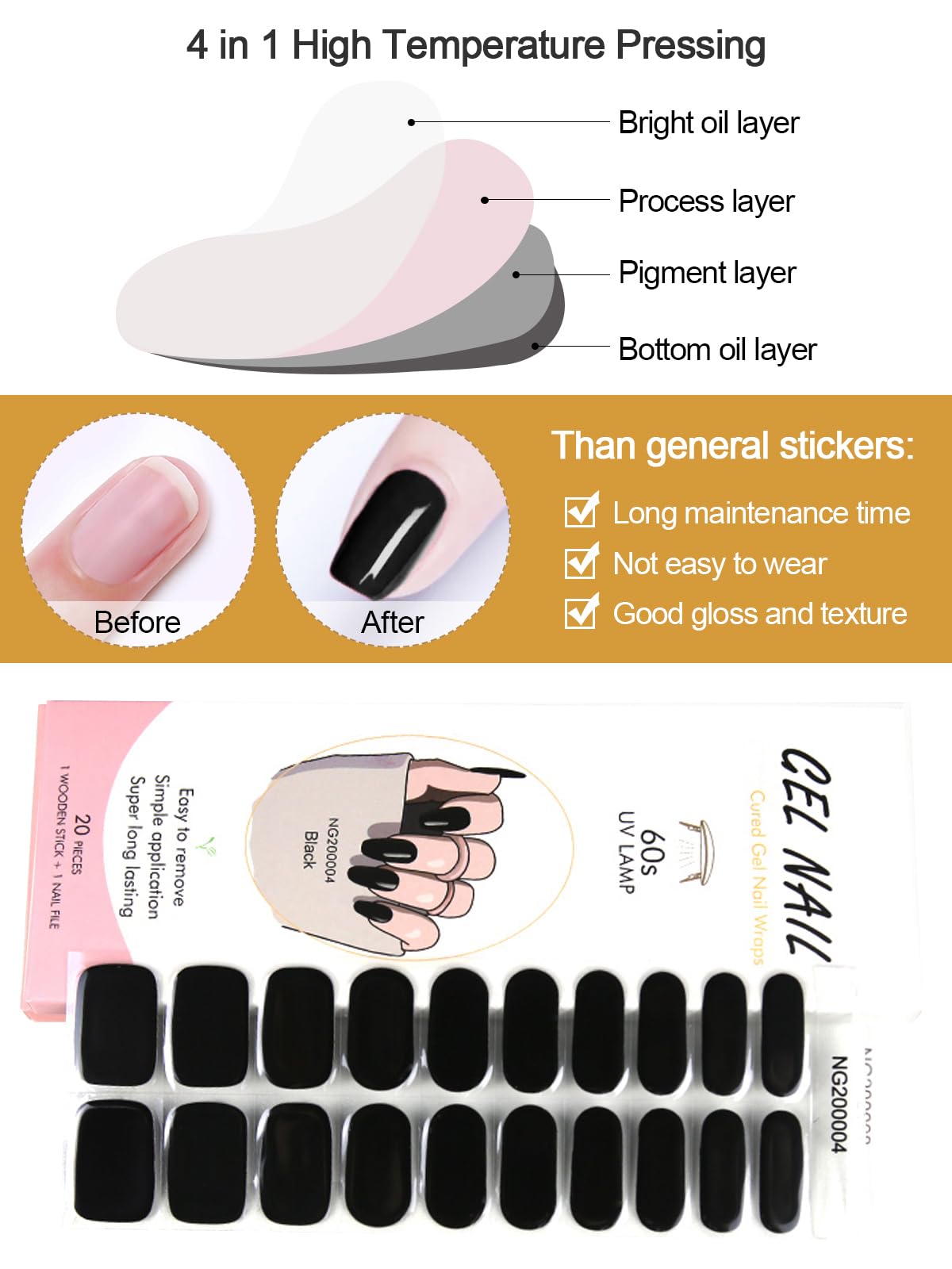 20PCS Gel Nail Polish Strips - Long Lasting Adhesive Nail Wraps with Nail File & Stick | Waterproof DIY Nail Art Stickers for UV/LED Lamp | Perfect for Salon, Home Manicure & Party Nail Designs