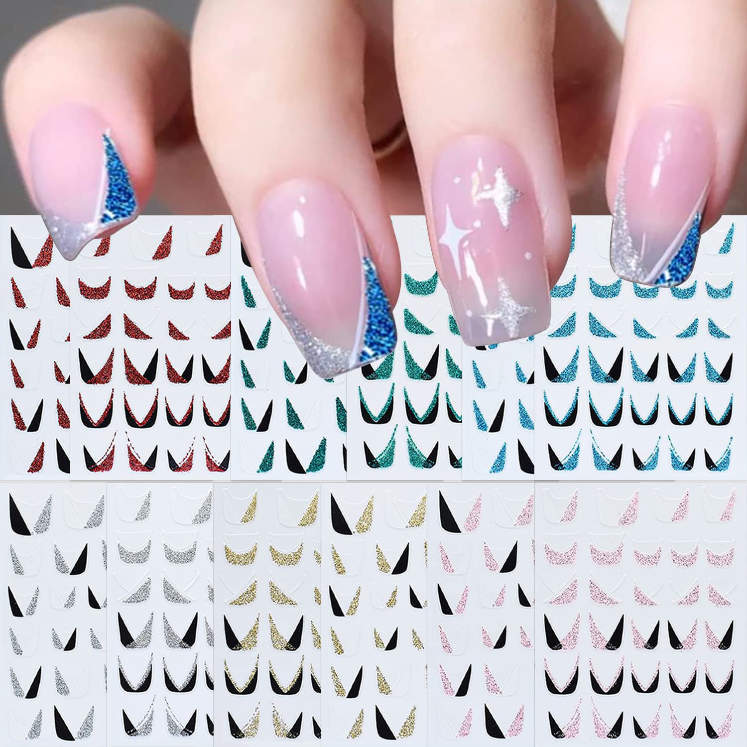 SILPECWEE 12 Sheets French Tip Nail Stickers - Glitter Nail Art Decals, Self-Adhesive 3D Nail Designs for French Manicure | Perfect for DIY Nail Art, Salon Use, Parties & Special Occasions