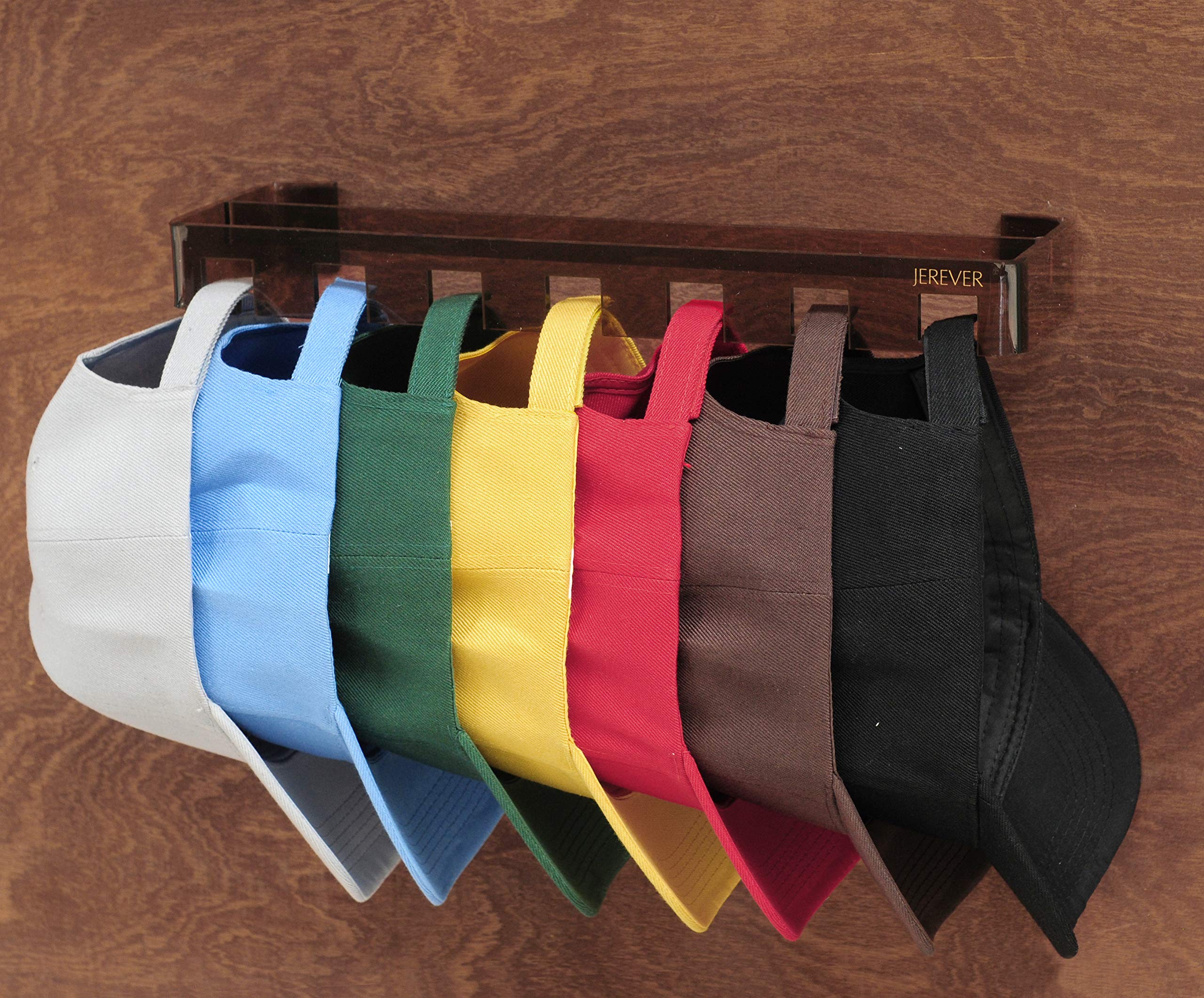 JEREVER Acrylic Hat Rack with 7 Hooks - Baseball Cap Organizer for Closet, Door & Wall Mount - Space Saving Storage Solution for Caps, Hats & Accessories (Chocolate Brown) - Perfect for Bedroom, Entryway & Dorm Organization